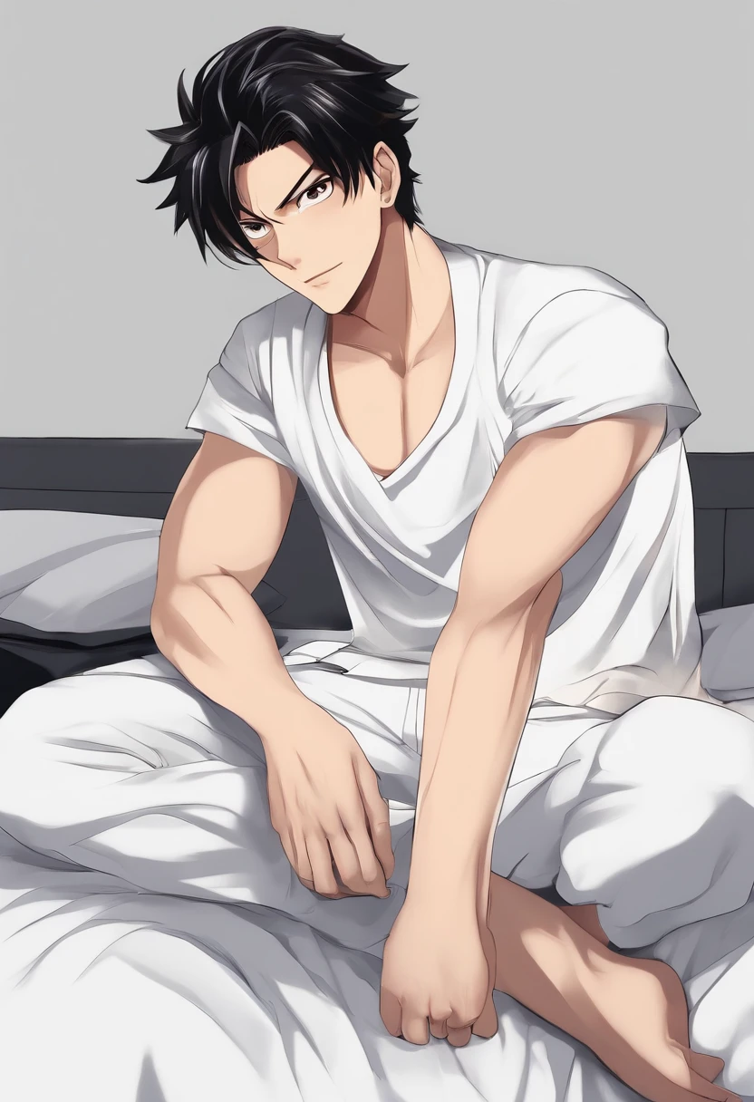 (Man in white T-shirt), ), Attractive and serious look, black color hair, Stylish and elegant, Slightly fat, Blindness in the eyes,sit on a bed,The eyes are covered in cloth,A man who resembles the manga character Luffy, (high quality and realistic image), ((Best quality, 8K, Masterpiece).