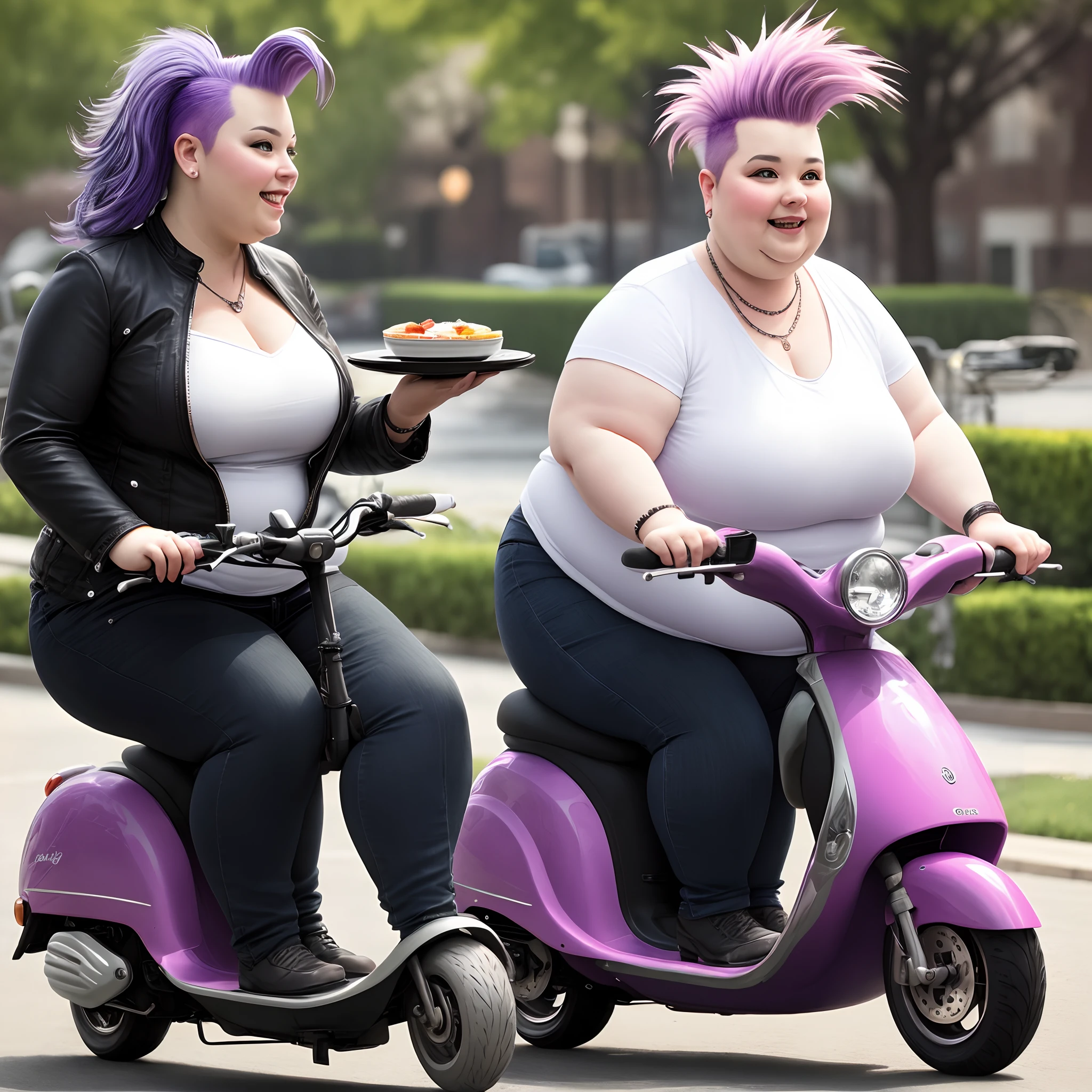 Fat lady with faux hawk with pink and purple hair riding a motorized scooter holding an offering plate