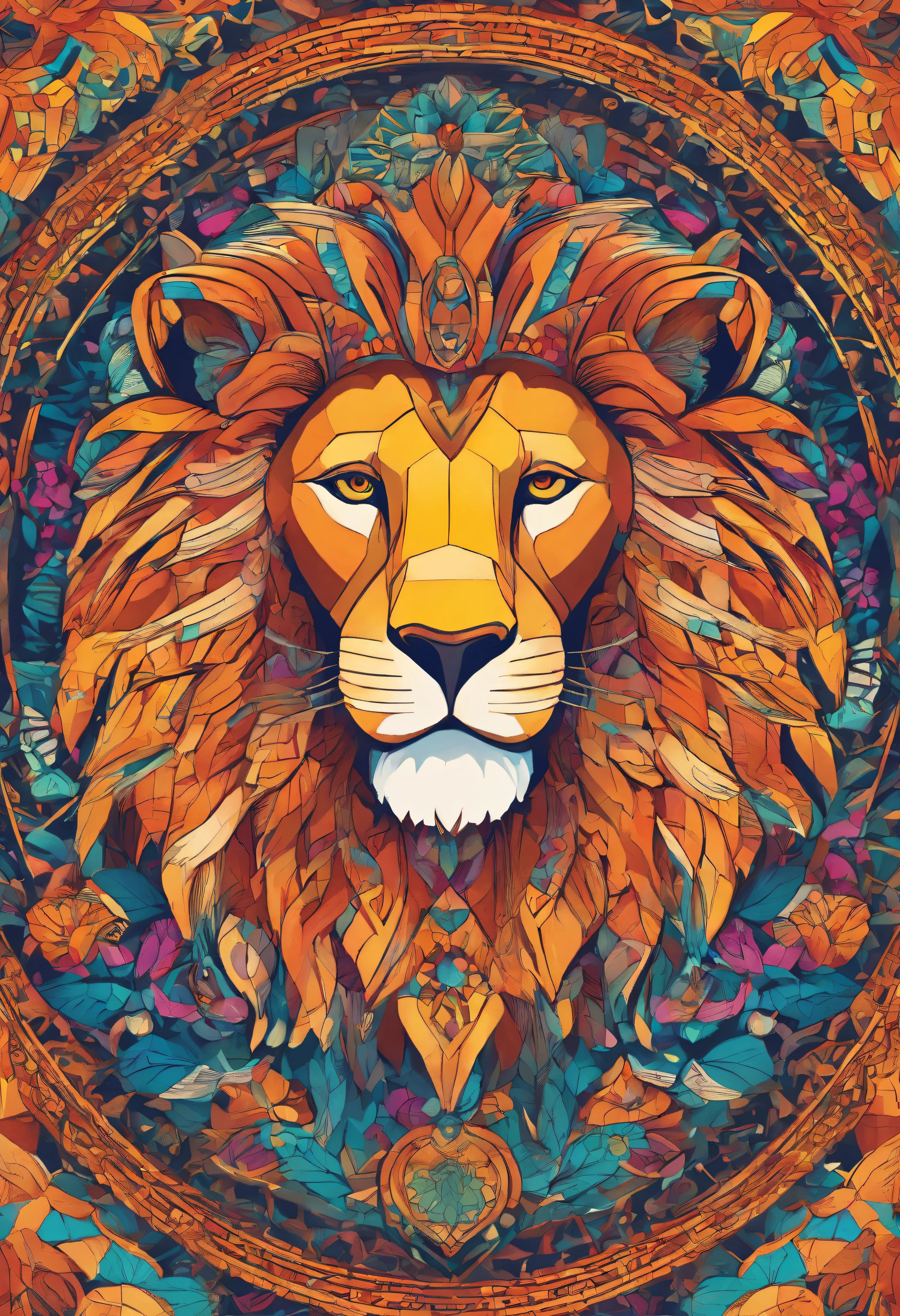 (vibrant colors,LION:1.1,LION MANDALA),(detailed mandala design),(symmetry),(intricate patterns),(geometric shapes),(bold lines),(bright colors),(religious symbol),(spiritual theme)