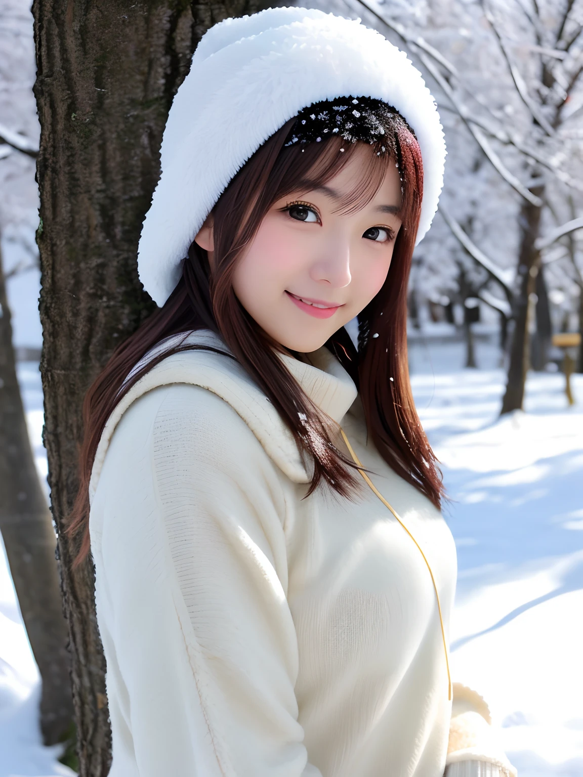 Half Japan and half Spanish, Perfect face, A big smile staring at the camera,1girl in, Because it snowed,Head covered with snow,Fluffy knitted hat,Bare_tree, brown_Eyes, brown_hair, built, 耳环, furred, muffler,, s lips, , plein air, Yuki, Yuki, 独奏, The tree, Shooting from the knee up, Winters_Clothes, Eyes,large full breasts、The face of the golden ratio、The body of the golden ratio、top-quality、The ultra -The high-definition、beautiful hairl,Perfect Anatomy、high-definition RAW color photography, professional photograpy, extremely delicate and beautiful, Extremely detailed,finely detail, Huge file size,Top image quality,8K,Photos taken with a single-lens reflex camera