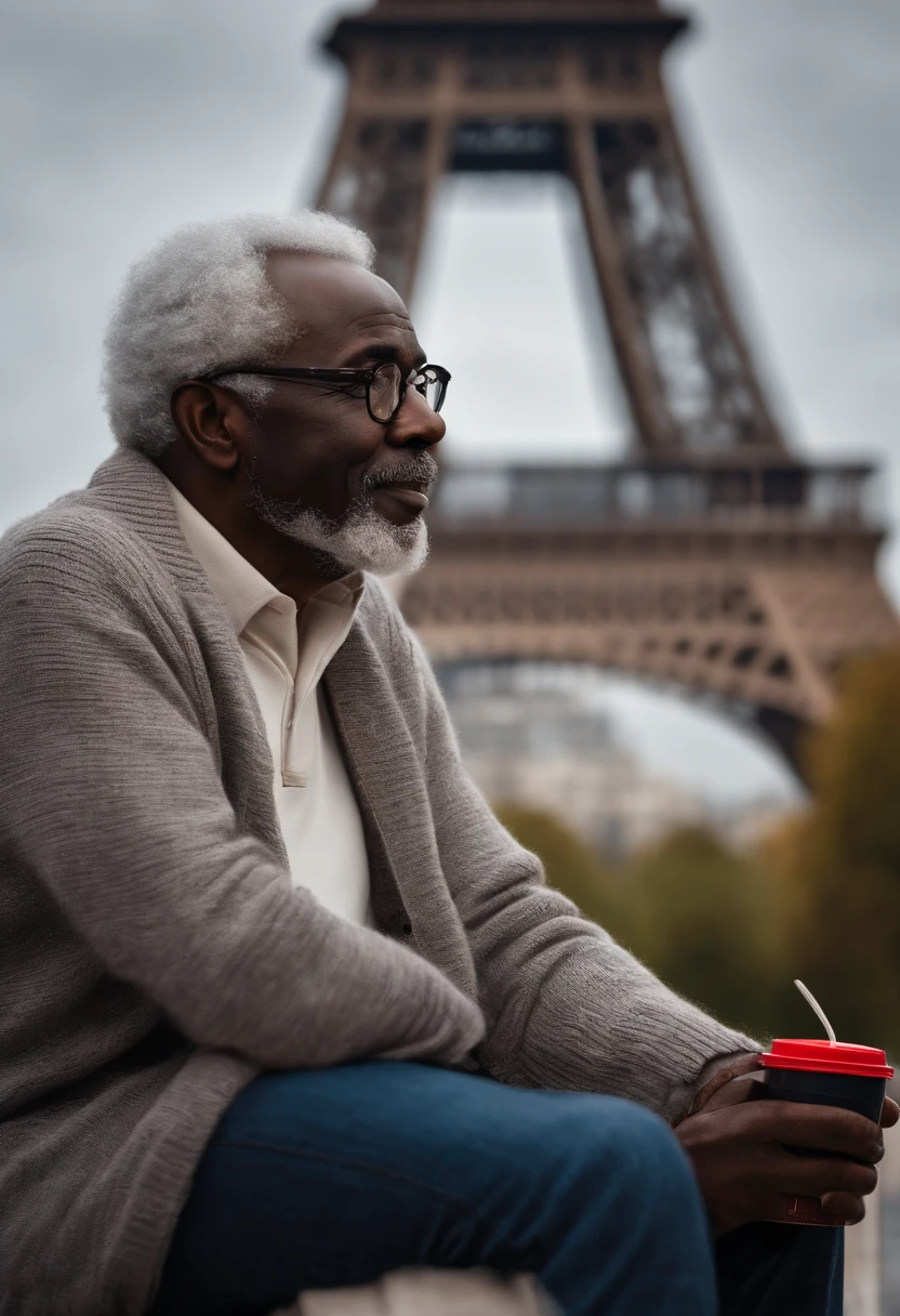 Imagine photorealistic 59 years african old man, showing full body, wearing glasses with white hair; short beard, thin lips, large nose, talking on his cellphone and drinking a coffe, while wearing a grey pullover and jeans, while standing in front of the eiffel tower