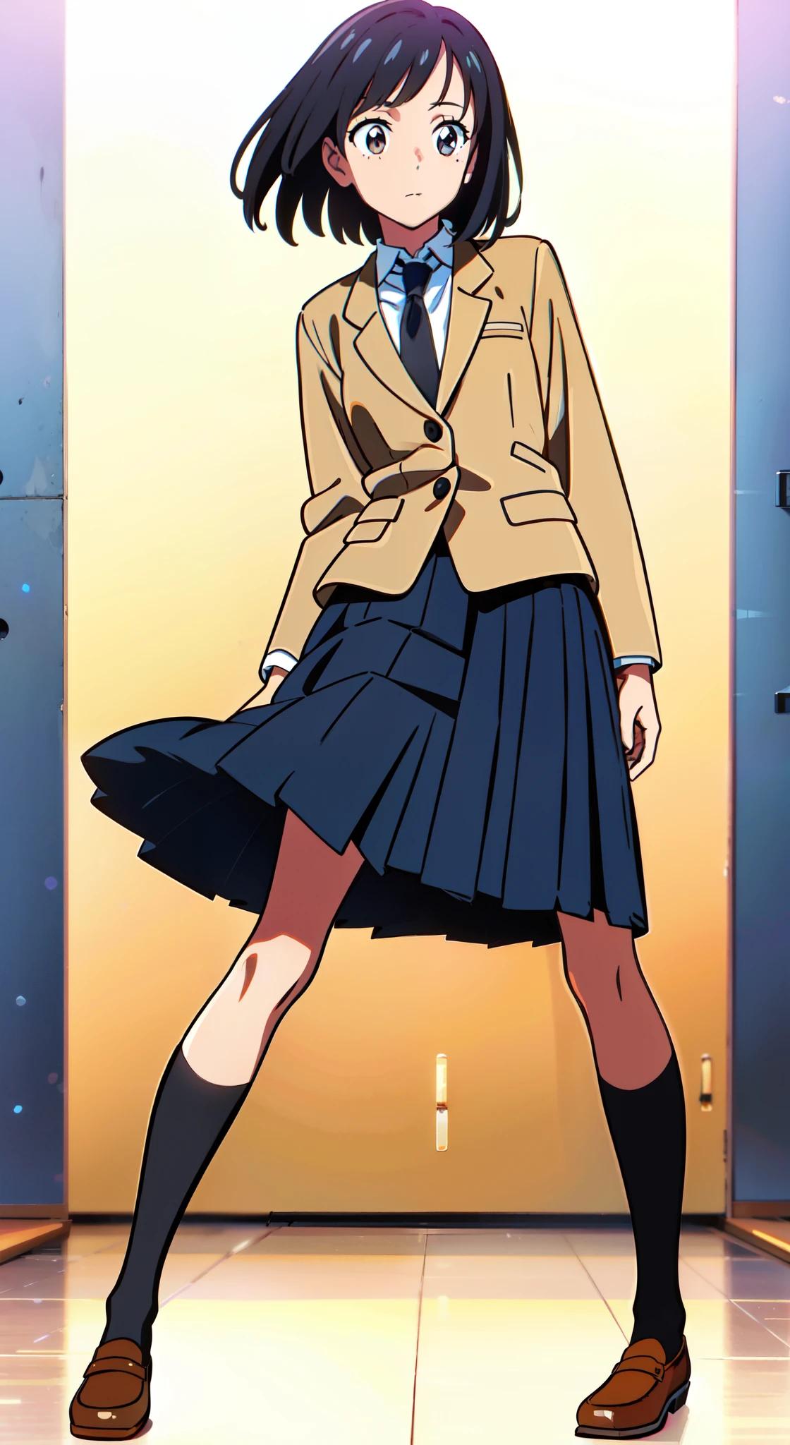 (white background:1.0), (best quality:1.0), (masterpiece:1.0), (full body:1.0), (solo:1.0), (1 cute girl:1.0), (long skirt:1.0), (dark blue skirt:1.0), (pleated skirt:1.0), (school uniform beige blazer:1.0), (dark blue necktie:1.0), (black socks:1.0), (loafers:1.0), (tall:1.0), (slender:1.0), (small breasts:1.0), (detailed beautiful eyes:1.0), (detailed beautiful face:1.0), (glowing black eyes:1.0), (short hair:1.0), (strait hair:1.0), (black hair:1.0)