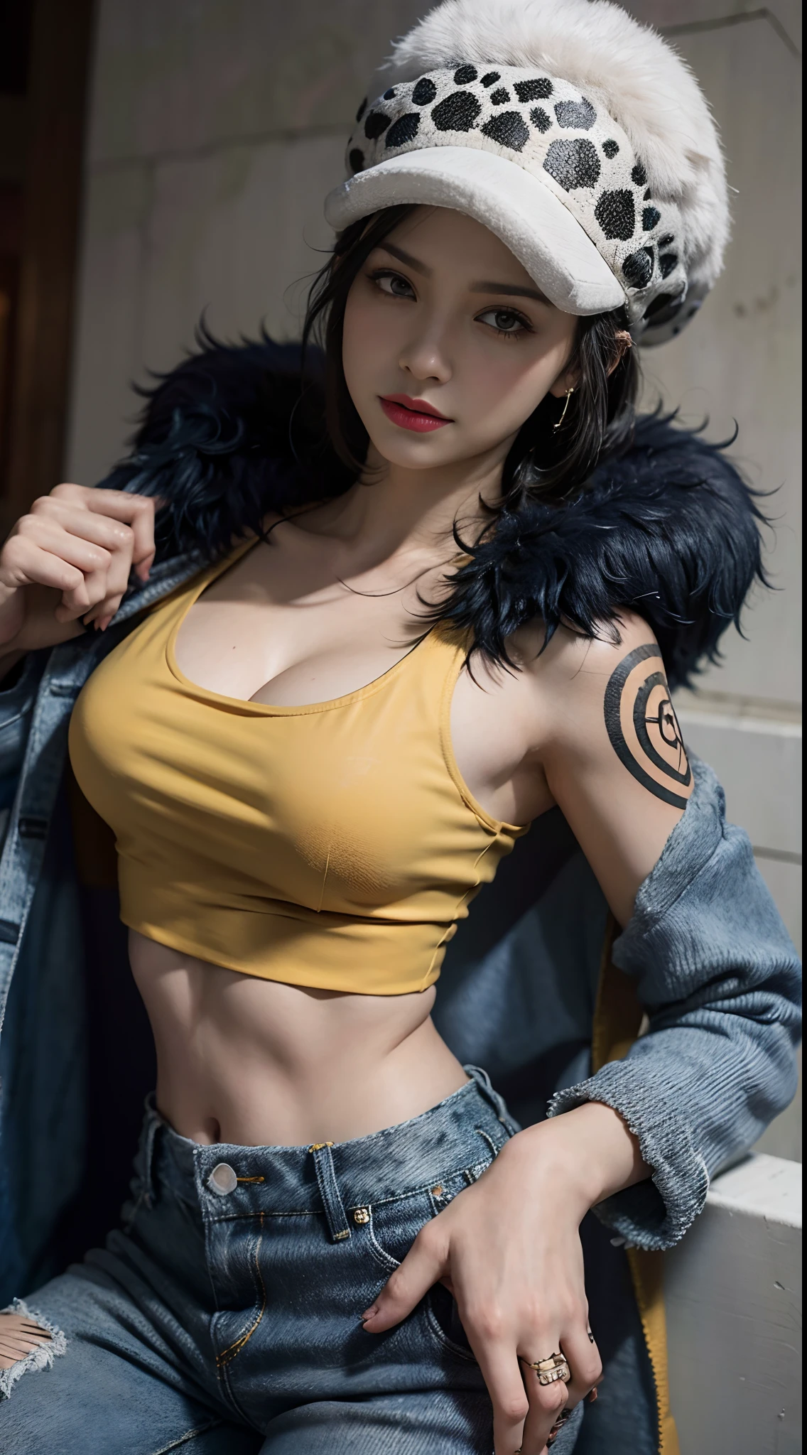 masterpiece, best quality, 8k,highestres, absurdres, extremely detailed, female trafalgar law, solo, looking at viewer, short hair, medium breasts, hat, navel, cleavage, collarbone, earrings, midriff, pants, coat, fur trim, denim, jeans, shoulder tattoo,   black fur-trimmed coat, coat on shoulders, yellow tank top,