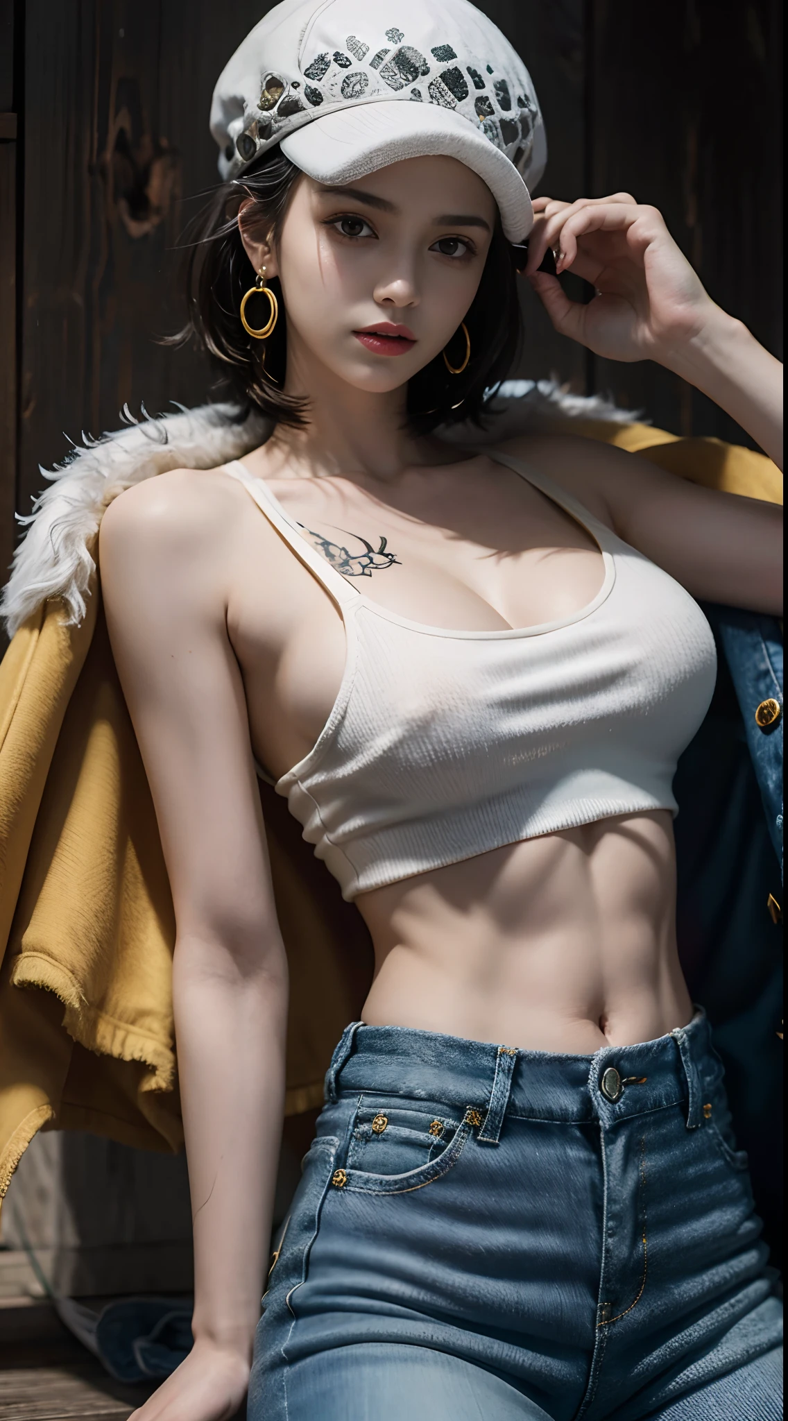 masterpiece, best quality, 8k,highestres, absurdres, extremely detailed, female trafalgar law, solo, looking at viewer, short hair, medium breasts, hat, navel, cleavage, collarbone, earrings, midriff, pants, coat, fur trim, denim, jeans, shoulder tattoo,   black fur-trimmed coat, coat on shoulders, yellow tank top,