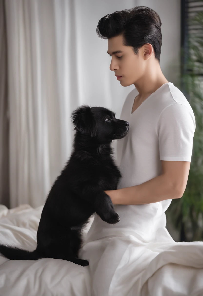 (Man in white T-shirt), ), sadness, black color hair, Stylish and elegant, Slightly fat, Blindness in the eyes,sit on a bed,The eyes are covered in cloth, The appearance of a small milk puppy, (high quality and realistic image), ((Best quality, 8K, Masterpiece).