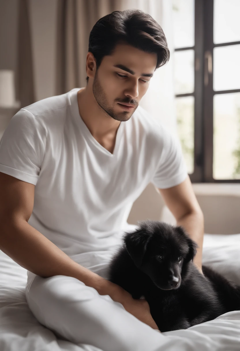 (Man in white T-shirt), ), sadness, black color hair, Stylish and elegant, Slightly fat, Blindness in the eyes,sit on a bed,The eyes are covered in cloth, The appearance of a milk puppy, (high quality and realistic image), ((Best quality, 8K, Masterpiece).