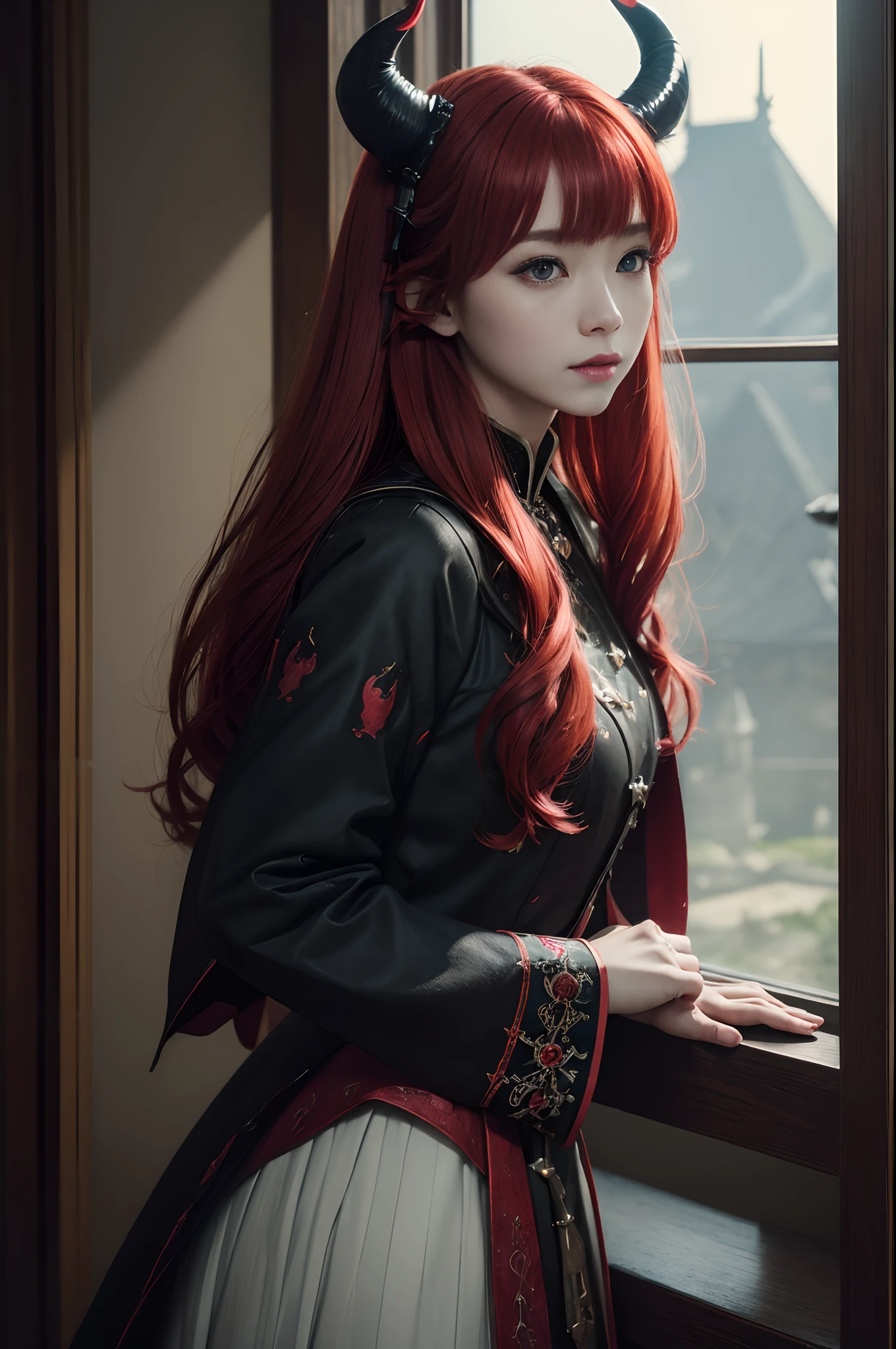 (Beautiful fece(Devil Woman:1)portraitures:1.5)Hellscape with castles and hordes of demons(((masterpiece)))、((top-quality))、realisitic、8K、ultra-detailliert、realisitic、landscapes、concept-art、exceptionally detailed RAW color photo、Side angle、(lensflare:0.7)、particle effect、Ray traching、cinematlic lighting、Shallow depth of field、photographed on a Sony Alpha 1、50mm wide angle lens、foco nítido、Cinematic Film Still、 dynamicposes、、(realisitic:1.3)、red hairs,