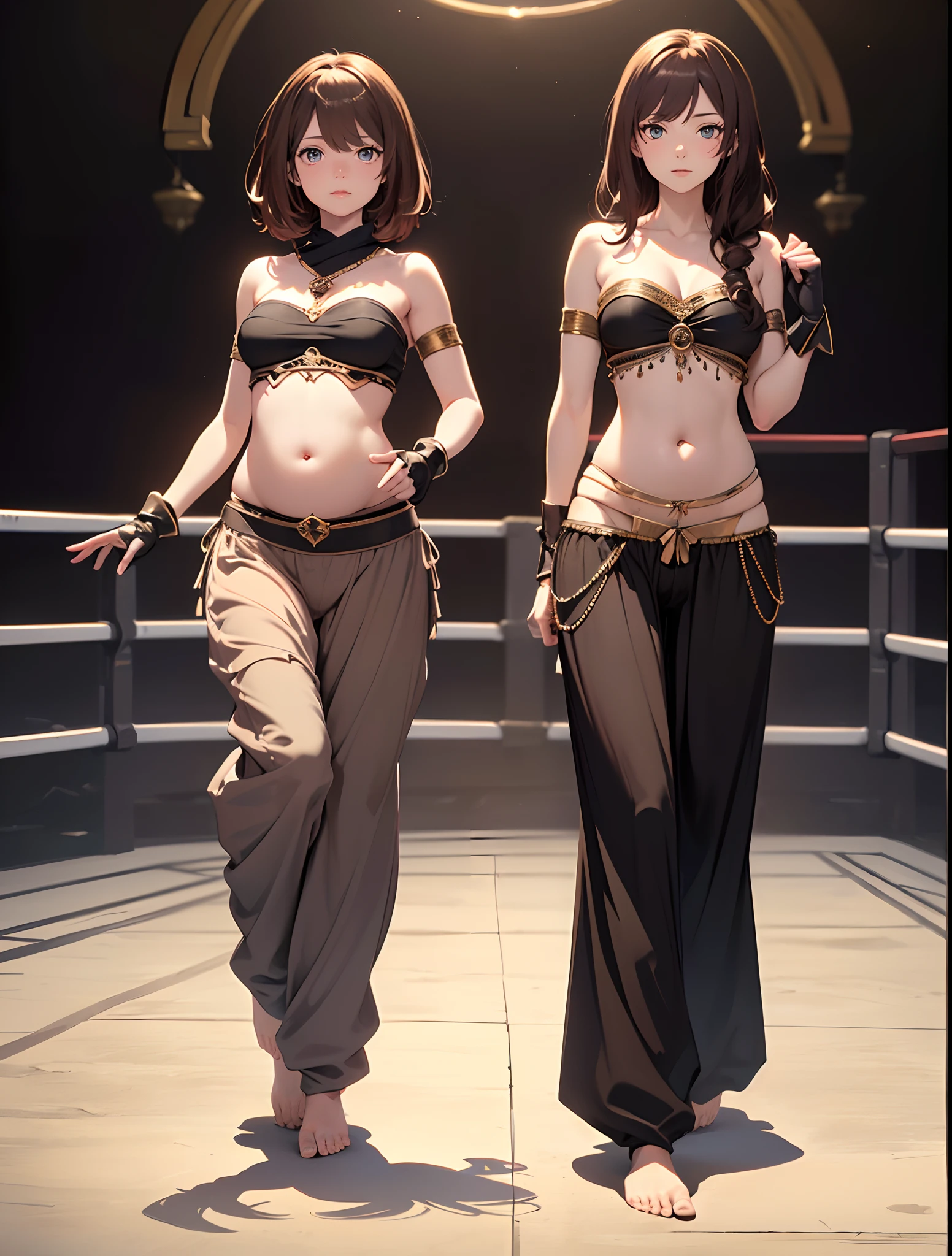 (best quality,4k,8k,highres,masterpiece:1.2),ultra-detailed, ((cat girl)), ((brown hair)), ((full body)), ((perfect body)), ((standing pose)), ((((very baggy and long belly dance harem pants)))), ((bare feet)), ((martial fighting gloves)), ((strapless top)), ((detailed clothes)), ((fully detailed)), illustration,vivid colors