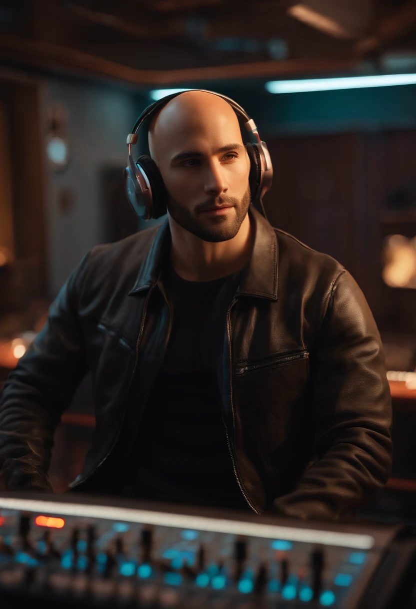 A bald young man with a short beard and brown eyes with headphones wearing a black jacket in a music studio, Imagem no estilo Pixar, Estilo de filme animado 3D, Disney