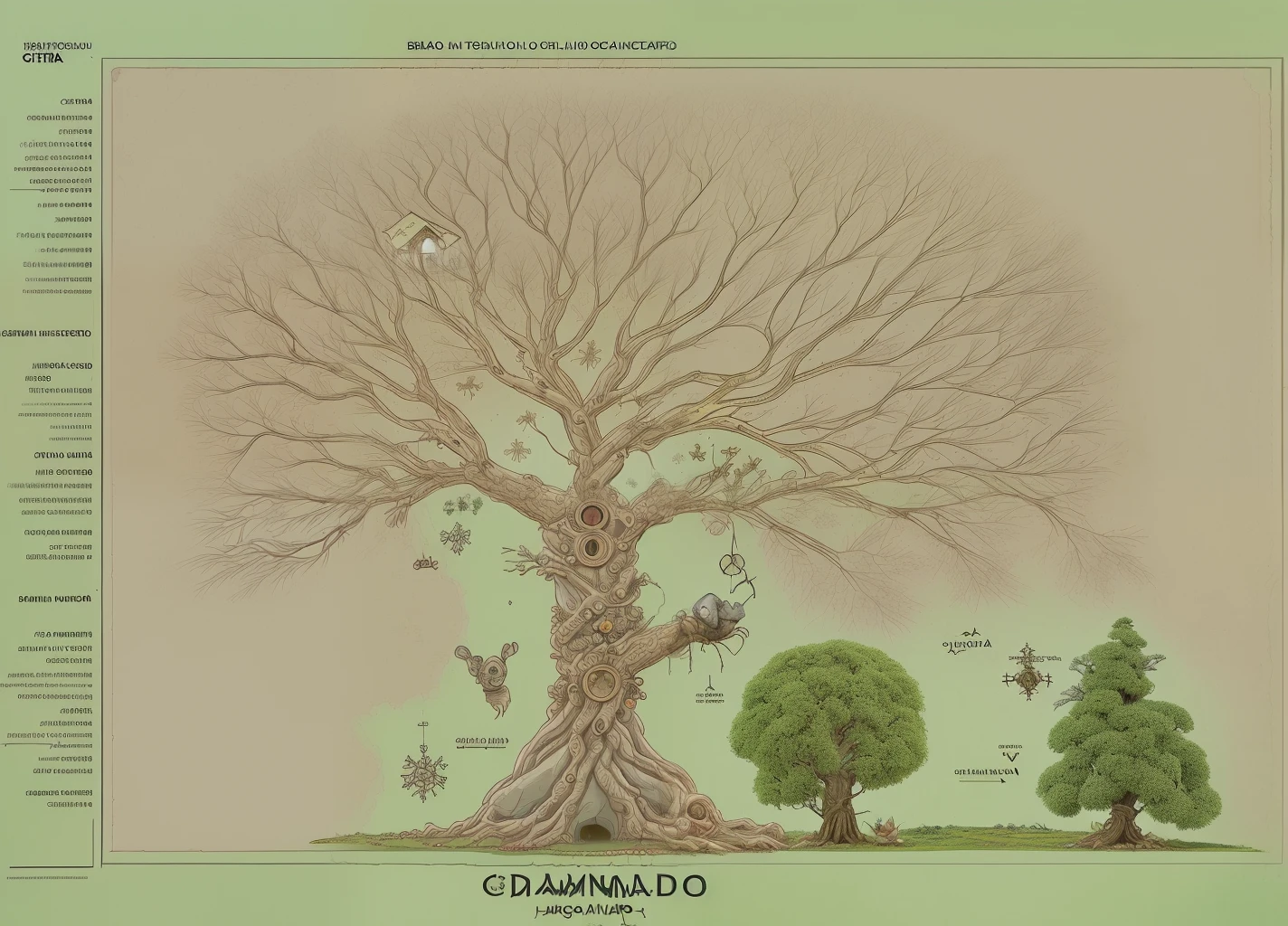Mapa visto de cima pra baixo, Great gnarled tree occupying the north, campo gramado com flores brancas, pequena casa de madeira clara ao sul com sangue a frente da porta, Little rabbit hiding between the house and the tree ( The rabbit has mechanical arms and legs and a sword)