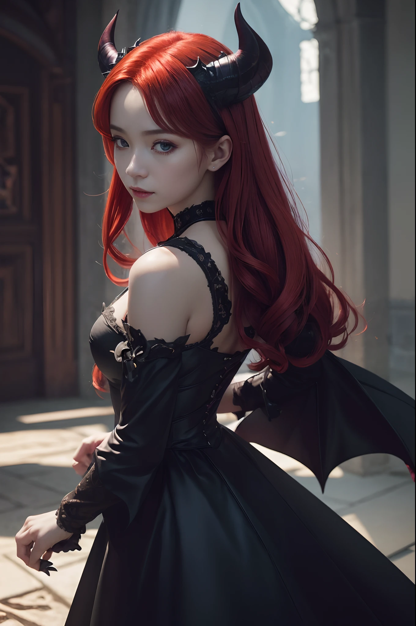 (Beautiful fece(Devil Woman:1)portraitures:1.5)Hellscape with castles and hordes of demons(((​masterpiece)))、((top-quality))、sexy dress,realisitic、8K、ultra-detailliert、realisitic、landscapes、concept-art、exceptionally detailed RAW color photo、Side angle、(lensflare:0.7)、particle effect、Ray traching、cinematlic lighting、Shallow depth of field、photographed on a Sony Alpha 1、50mm wide angle lens、foco nítido、Cinematic Film Still、 dynamicposes、、(realisitic:1.3)、red hairs,