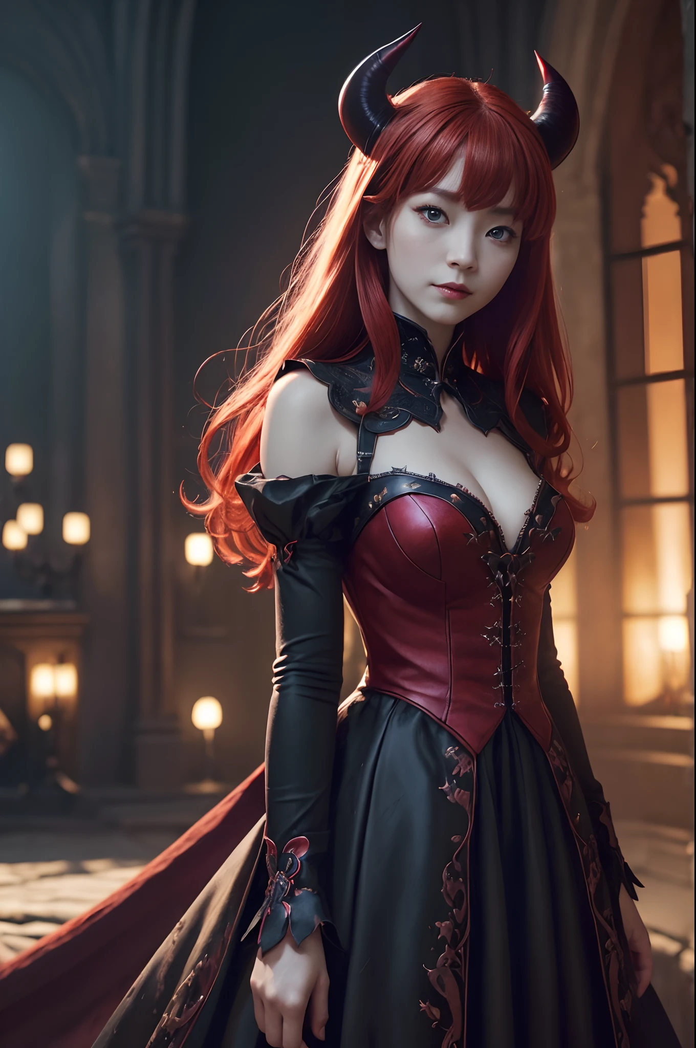 (Beautiful fece(Devil Woman:1)portraitures:1.5)Hellscape with castles and hordes of demons(((masterpiece)))、((top-quality))、sexy dress,realisitic、8K、ultra-detailliert、realisitic、landscapes、concept-art、exceptionally detailed RAW color photo、Side angle、(lensflare:0.7)、particle effect、Ray traching、cinematlic lighting、Shallow depth of field、photographed on a Sony Alpha 1、50mm wide angle lens、foco nítido、Cinematic Film Still、 dynamicposes、、(realisitic:1.3)、red hairs,