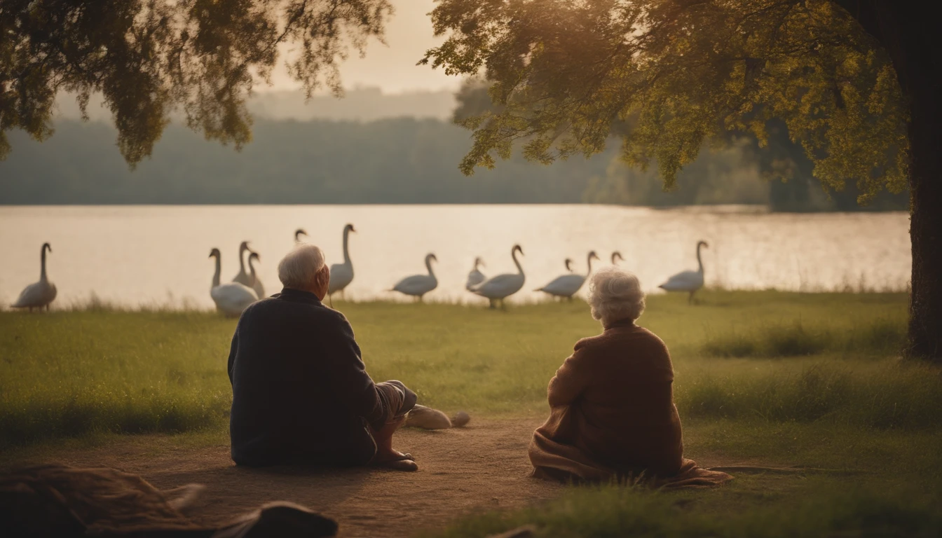 Grandfather, granmother, village, field, chill, swan, lake