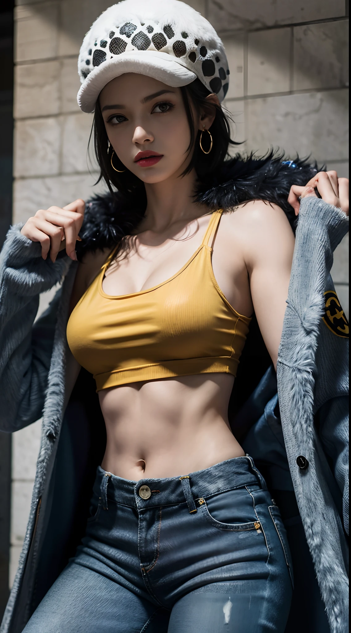 masterpiece, best quality, 8k,highestres, absurdres, extremely detailed, female trafalgar law, solo, looking at viewer, short hair, medium breasts, hat, navel, cleavage, collarbone, earrings, midriff, pants, coat, fur trim, denim, jeans, shoulder tattoo,   black fur-trimmed coat, coat on shoulders, yellow tank top,