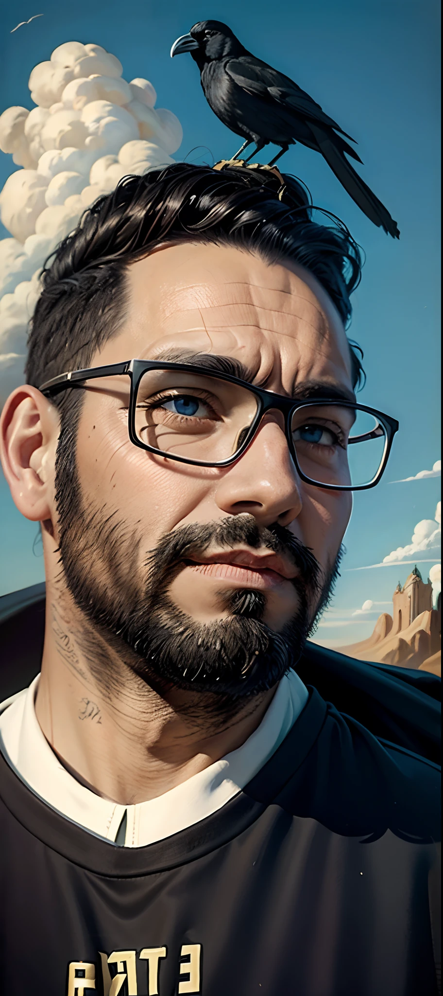 Painting of a man with a low beard and with a crow on his head with stones on his face, retrato do surrealismo, retrato surreal, surreal oil on canvas, inspirado em Antonio Donghi, surreal oil painting, surrealist oil painting, inspirado em Piero di Cosimo, pintura surrealista, inspirado em Pinturicchio, pintura surrealista, uma pintura surrealista, transformation portrait