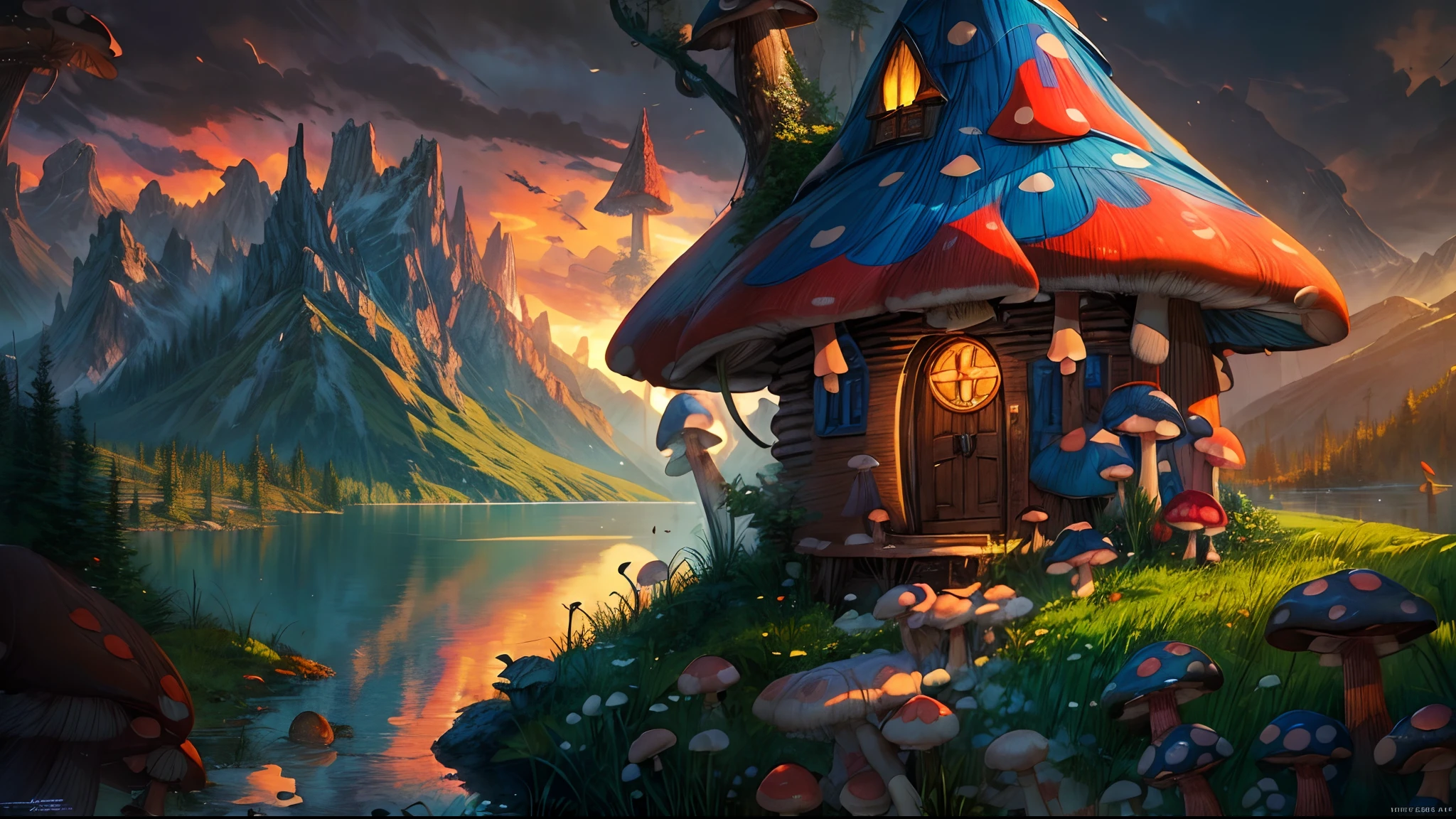 concept art, (mushroom style Cabin:1.5), mountain lake, vibrant multicolored illustration, magical array, Highly Elaborate, Extreme Detail, Viking, High Fantasy, D&D, Rivendale style, (by WETA, Lord of the Rings, BROM, Greg Hildebrandt, Dr. Seuss), 8k, UHD, HDR, (Masterpiece:1. 5), (best quality:1. 5)