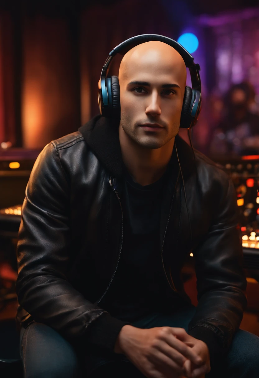 A bald young man with a short beard and brown eyes with headphones wearing a black jacket in a music studio, Imagem no estilo Pixar 3D Disney