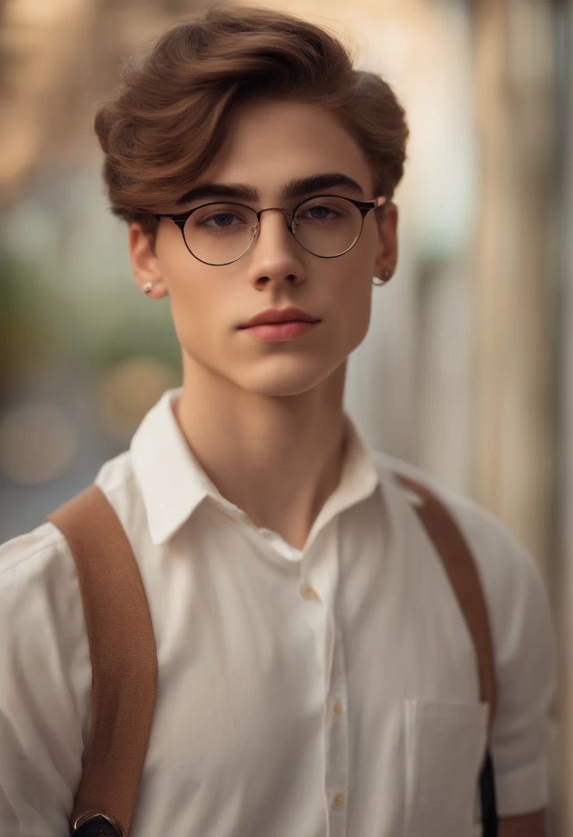 Teen trans man with brown hair glasses no facial hair