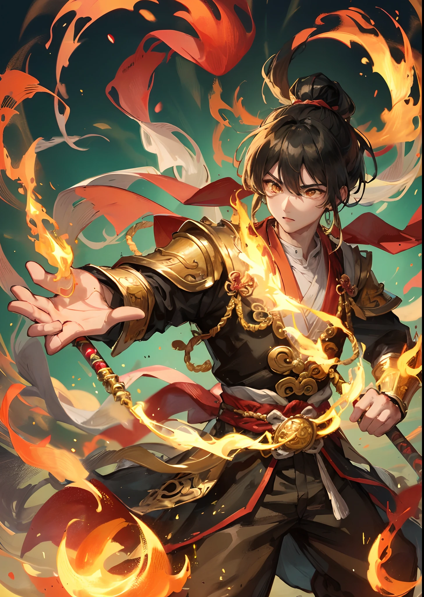 Anthropomorphic male monkey man，Holding a golden hoop stick in his hand, Bo Xilai staff table, son goku, Wukong, Fight for Buddha, Normal hands, Clouds of flame under your feet, Fire-eyed golden eyes Bright and brave, Very beautiful anthropomorphic monkey, Fighting stance, Guan yu, Inspired by Huang Shen, Inspired by Hu Zaobin, Legend has it that the monkey god with a spear, Gold Chinese armor, battleground background, Flaming aura,