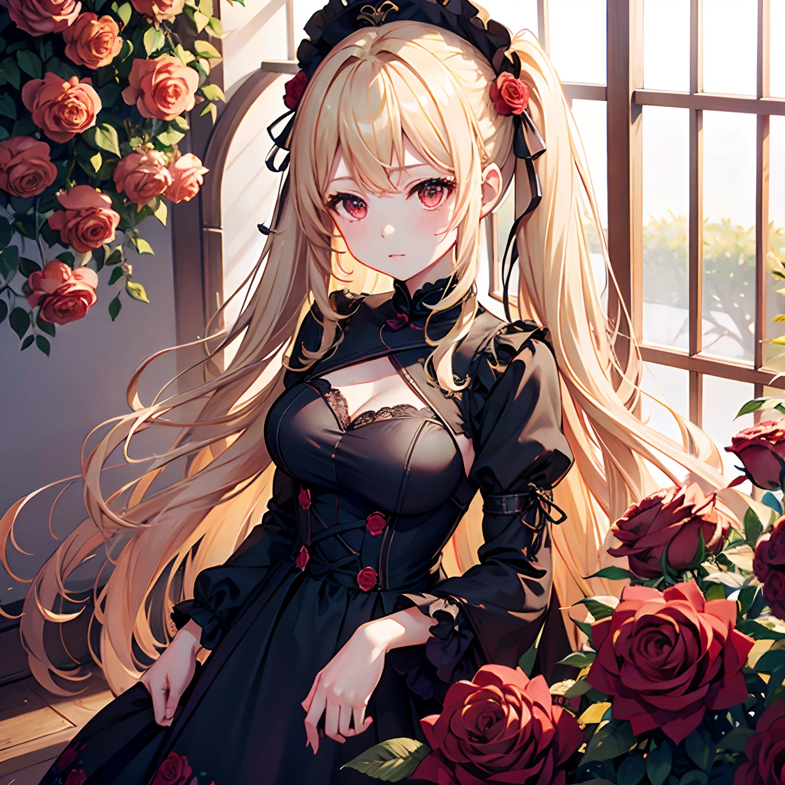 Wavy blonde girl、poneyTail、1 persons、red eyes、Surrounded by roses、sexy dress
