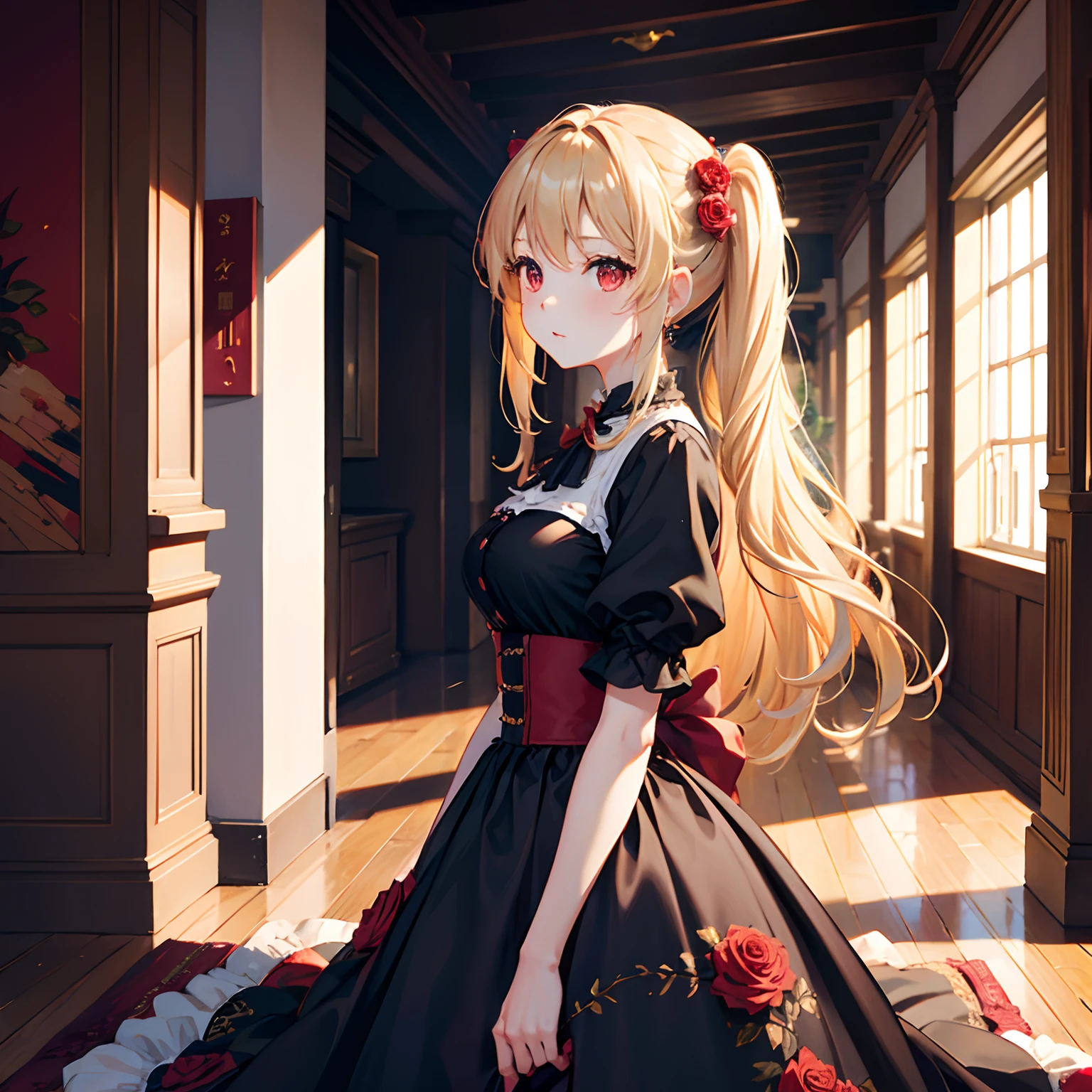 Wavy blonde girl、poneyTail、1 persons、red eyes、Surrounded by roses、sexy dress