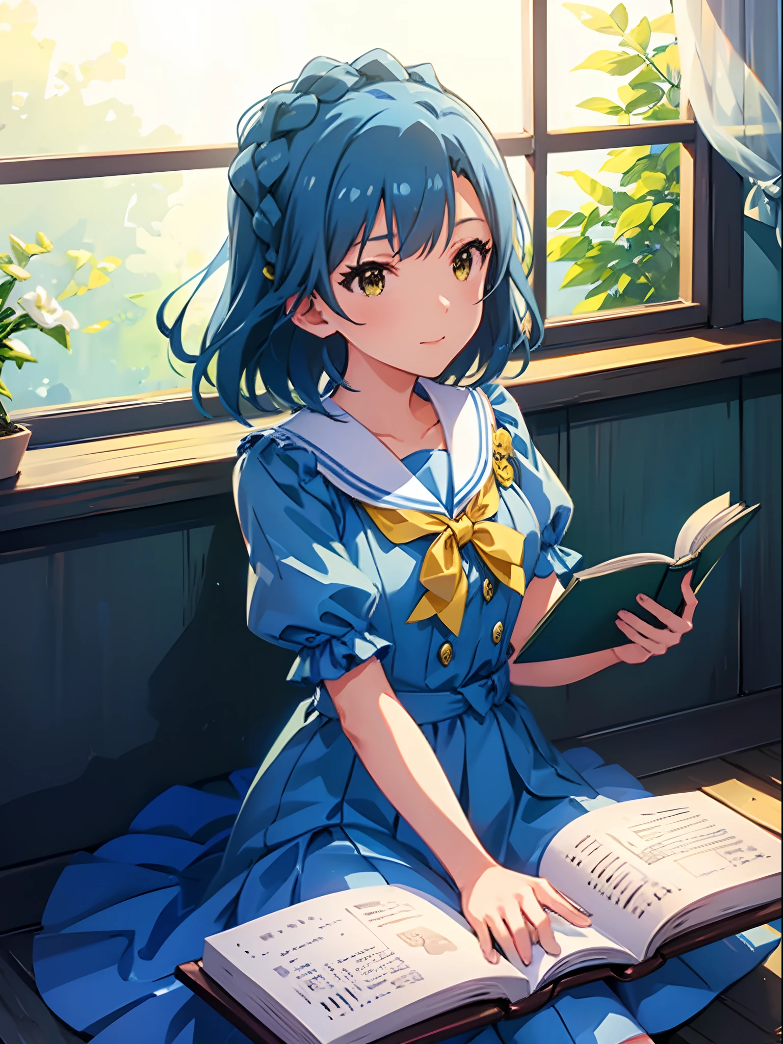 yuriko nanao (million live), 1 girl, Solo, Best Quality, masutepiece, 8K, High resolution, Ultra-detailed, lightsmile, Light blue dress, Sailor Color Dress, Short sleeves, Puffy sleeves, Yellow cardigan, Sitting near the window, Reading a book,