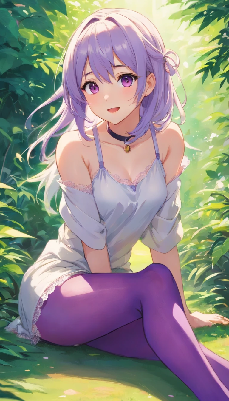 best qualtiy， tmasterpiece， 超高分辨率， realisticlying， 1 girl， long  white hair，Heterochromic pupils，Sexy lace top，（slightly drunken expression），（Stick out your tongue），（winking）（M-legs）Bottoms purple stockings，trpical garden，wide angles