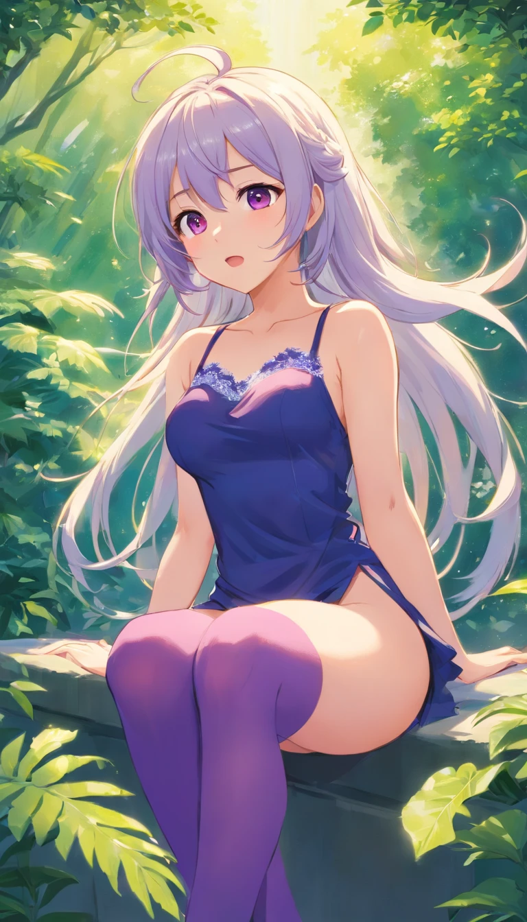 best qualtiy， tmasterpiece， 超高分辨率， realisticlying， 1 girl， long  white hair，Heterochromic pupils，Sexy lace top，（slightly drunken expression），（Stick out your tongue），（winking）（M-legs）Bottoms purple stockings，trpical garden，wide angles