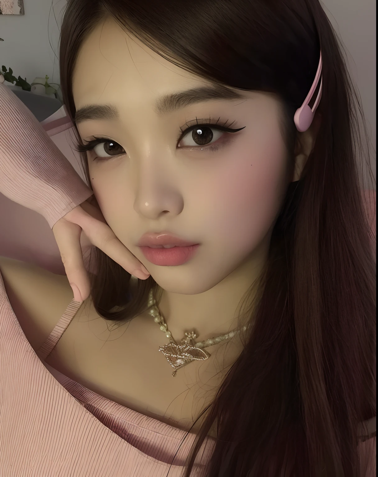 Asian woman araffed with long hair and a pink shirt, cruel korean goth girl, Ulzzang, small lips pointy nose, linda Delphine, maquiagem sul-coreana popular, small heart - shaped face, maquiagem coreana popular, young adorable korean face, young cute wan asian face, menina coreana, aesthetic cute with flutter, korean face features