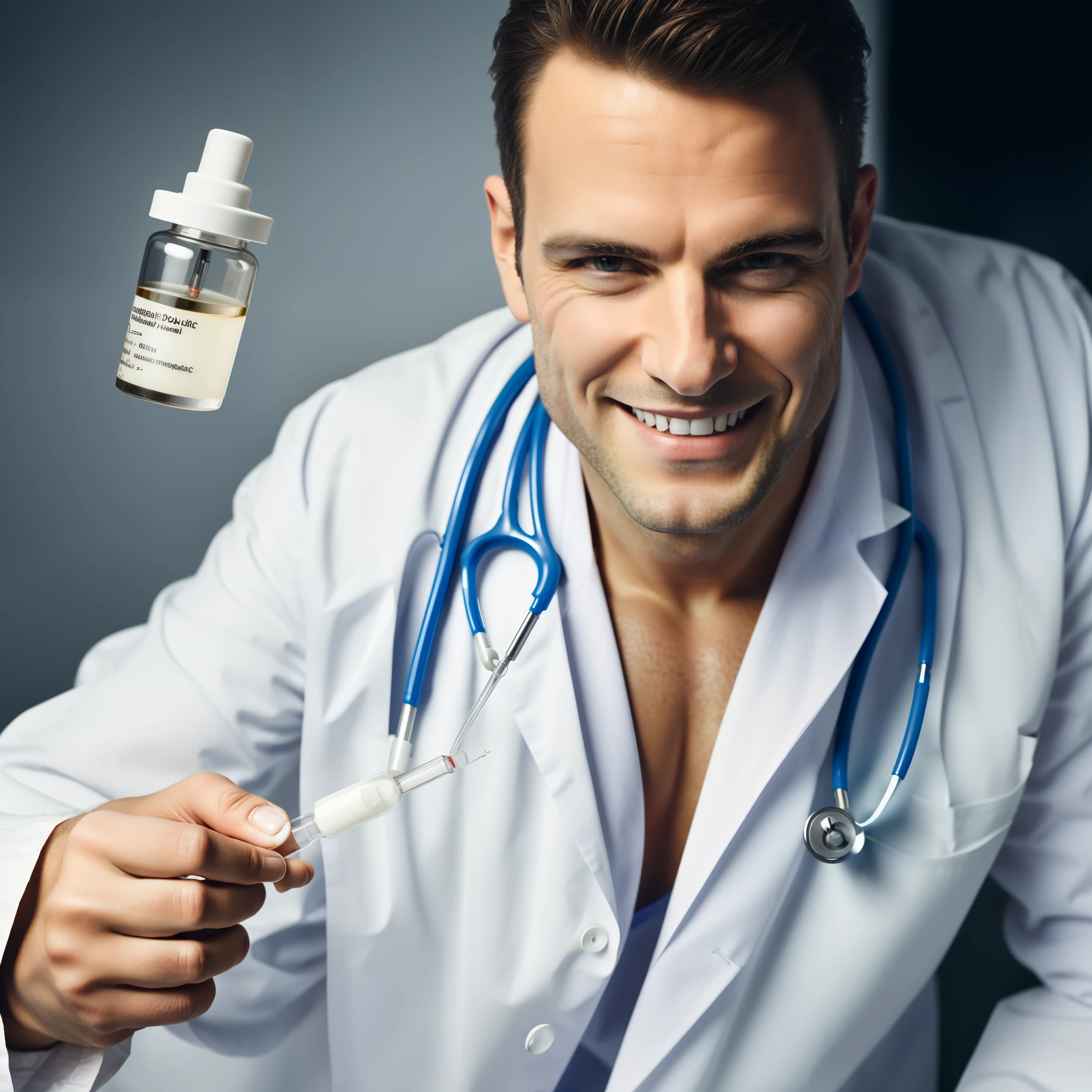 a sadistic white_skin doctor is ready to inject you serum with a syringe. On his face a naughty grin. 8k high definition, highest quality, skin texture, masterpiece, best quality, perfect lighting, cinematic lighting, (sharp focus:1.2), HDR, ultra-detailed