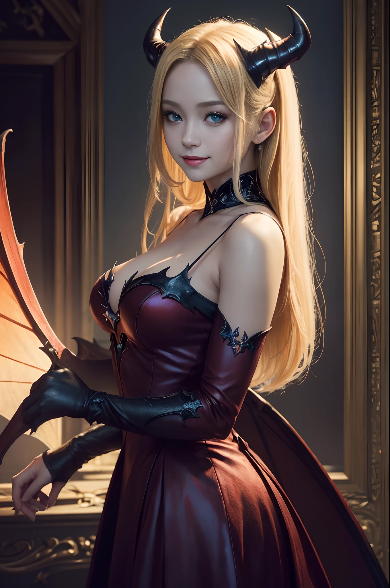 (Beautiful fece(Devil Woman:1)portraitures:1.5)Hellscape with castles and hordes of demons(((masterpiece)))、((top-quality))、sexy dress,realisitic、8K、ultra-detailliert、realisitic、landscapes、concept-art、exceptionally detailed RAW color photo、Side angle、(lensflare:0.7)、particle effect、Ray traching、cinematlic lighting、Shallow depth of field、photographed on a Sony Alpha 1、50mm wide angle lens、foco nítido、Cinematic Film Still、 dynamicposes、、(realisitic:1.3)、a blond,Bat's wings,cold smile,
