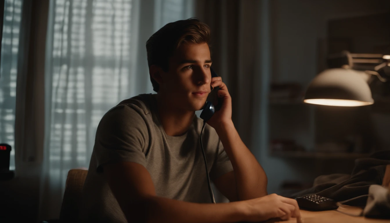 College student, on the phone, the setting is a dorm room