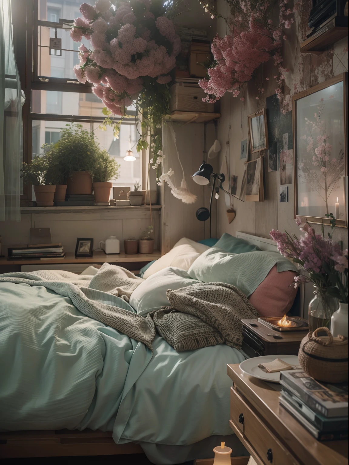 High detail RAW color photography, Loft-style bedroom interior, (The is very detailed, Hyper-detailing, entangled), (Lens glare: 0,7), (full bloom: 0,7), particle fx, Ray traching, 电影灯光, Shallow depth of field, Shot with Sony a9 II, 50mm wide angle lens, sharp-focus