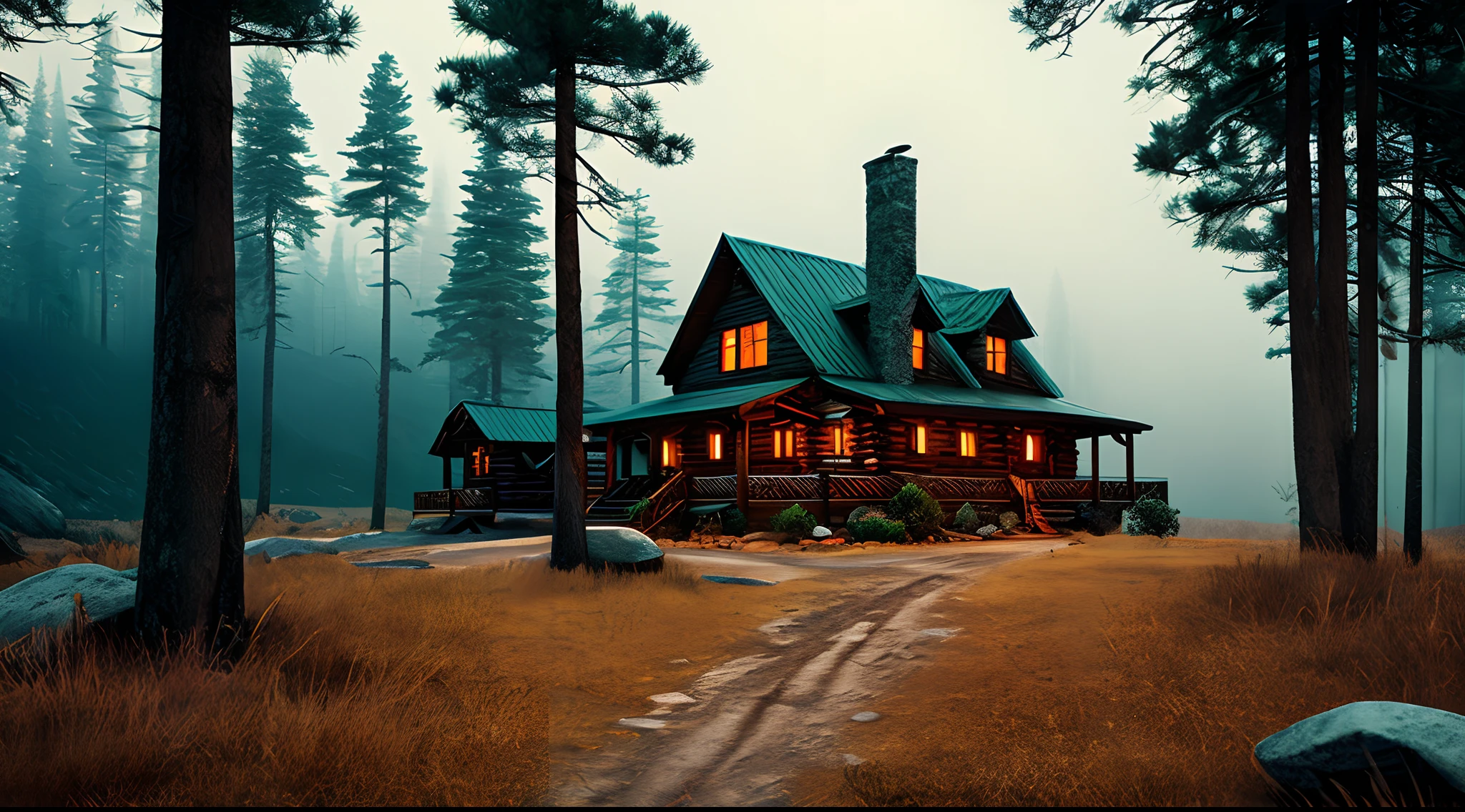 mountain cabin, mysterious, dynamic lighting, photorealistic, trending on art station, stunning visuals, foggy, creative, cinematic, ultra detailed, atmospherical, ambient lighting, scary art, bad quality, heavy film grain, desaturated, orange teal hue