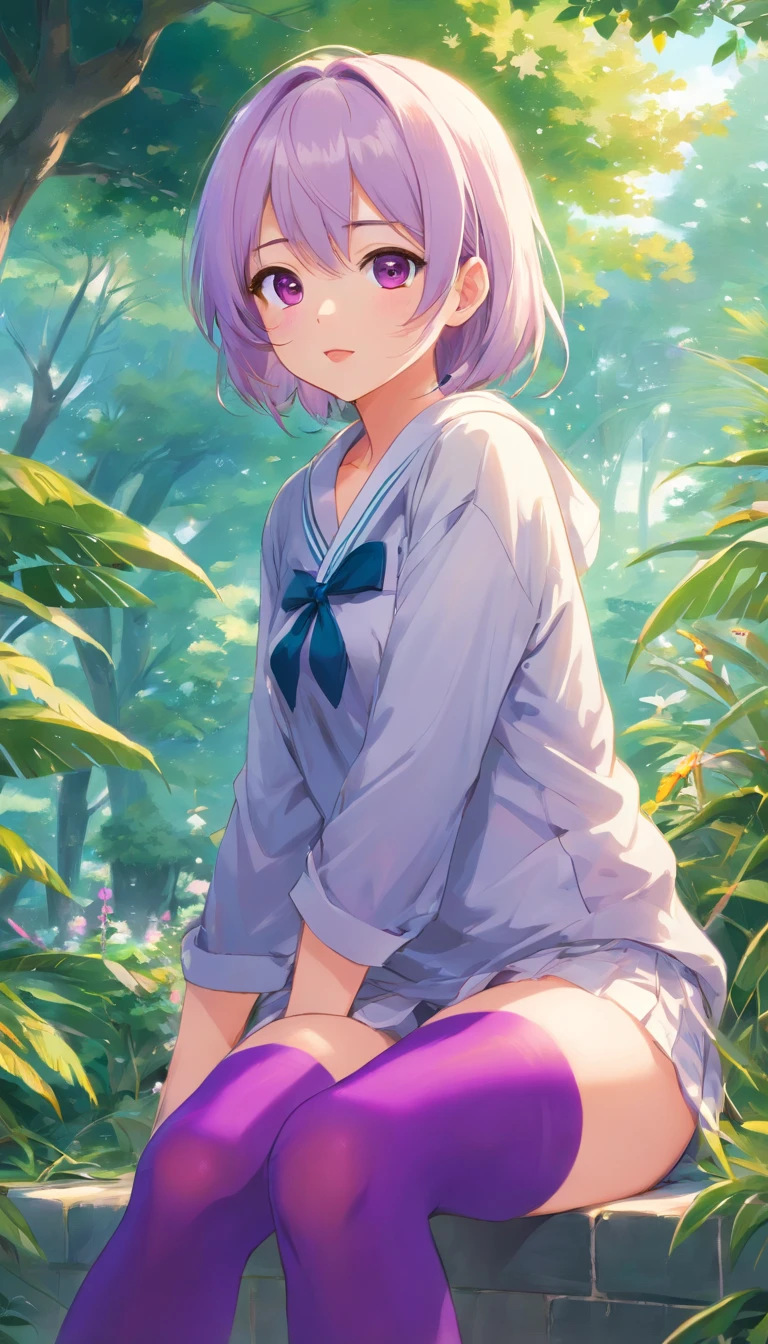 best qualtiy, tmasterpiece, 超高分辨率, realisticlying, 1 girl, long white hair,Heterochromic pupils,Loose-fitting shirt top,(slightly drunken expression),(Stick out your tongue),(winking)(M-legs)Bottoms purple stockings,trpical garden,wide angles