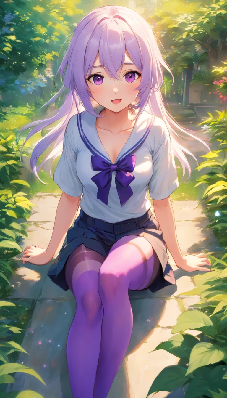best qualtiy, tmasterpiece, 超高分辨率, realisticlying, 1 girl, long white hair,Heterochromic pupils,Loose T-shirt top,(slightly drunken expression),(Stick out your tongue),(winking)(M-legs)Bottoms purple stockings,trpical garden,wide angles