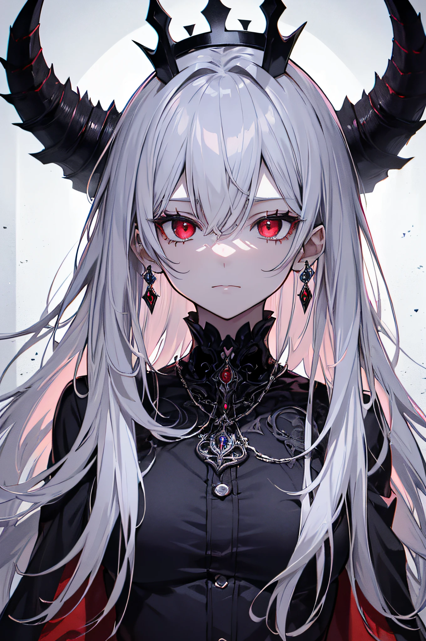 (best quality,ultra-detailed,highres:1.2),ung girl,white hair,dark red eyes (darkred eyes:1.1),dark aura(aura:1.1),(mysterious,haunting:1.1) atmosphere,looks like a half demon,(demonic features,demon-like characteristics),(elaborate,ornate) earring,(dark,royal:1.1) crown