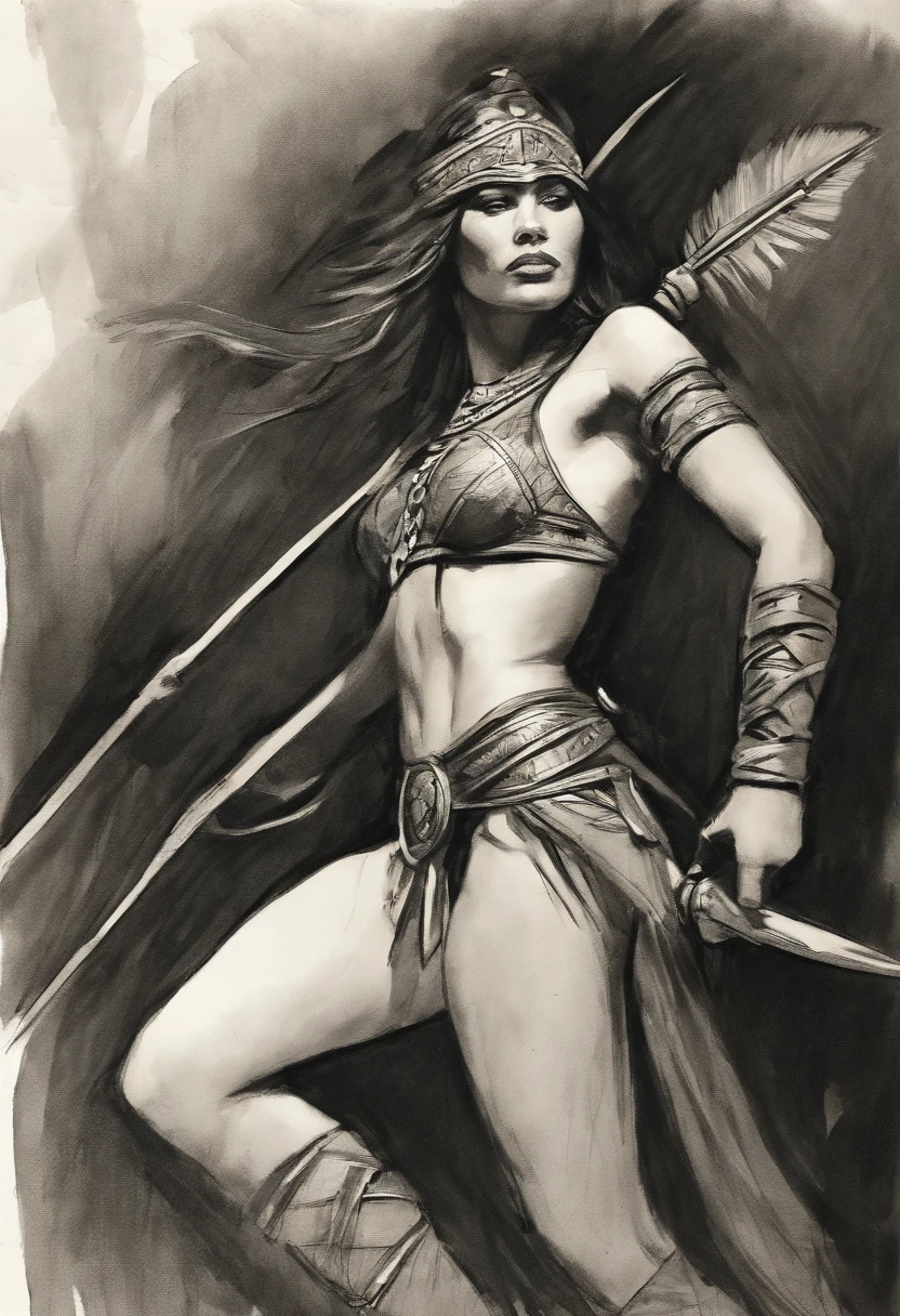 Rough charcoal sketch on old paper, Female jungle warrior, with spear image,Dynamic pose,Clean line art,+Expressive lines,Paint in an expressive sketch style, hatching, Black and white sketch, handpainted, Rough charcoal sketch on old paper, female image,Dynamic pose,Clean line art,+Expressive lines,Paint in an expressive sketch style, hatching, Black and white sketch, handpainted, sketching, Linear style::Sketch note style sketch, Linear style::Sketch annotation style