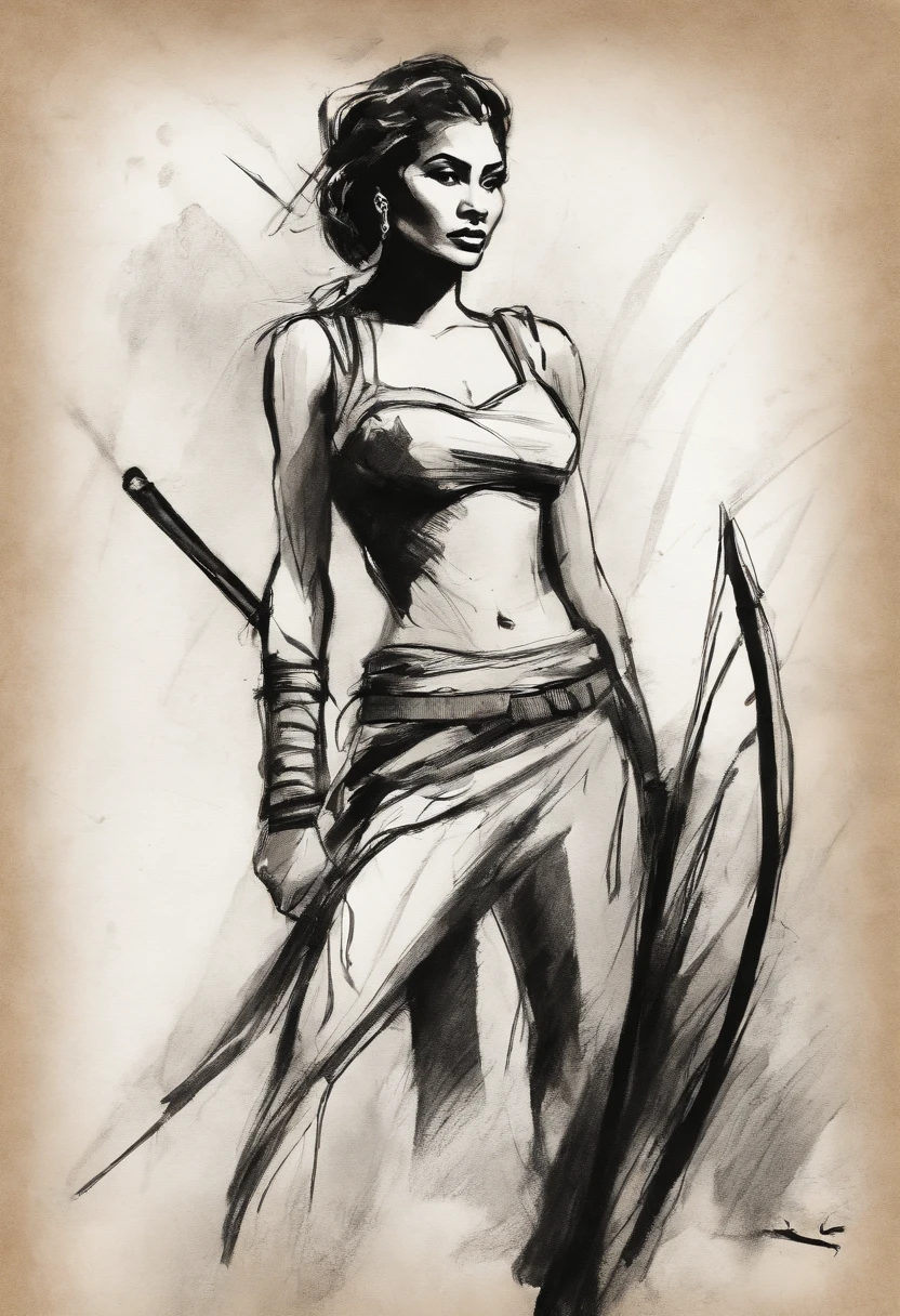 Rough charcoal sketch on old paper, Female jungle warrior, with spear image,Dynamic pose,Clean line art,+Expressive lines,Paint in an expressive sketch style, hatching, Black and white sketch, handpainted, Rough charcoal sketch on old paper, female image,Dynamic pose,Clean line art,+Expressive lines,Paint in an expressive sketch style, hatching, Black and white sketch, handpainted, sketching, Linear style::Sketch note style sketch, Linear style::Sketch annotation style