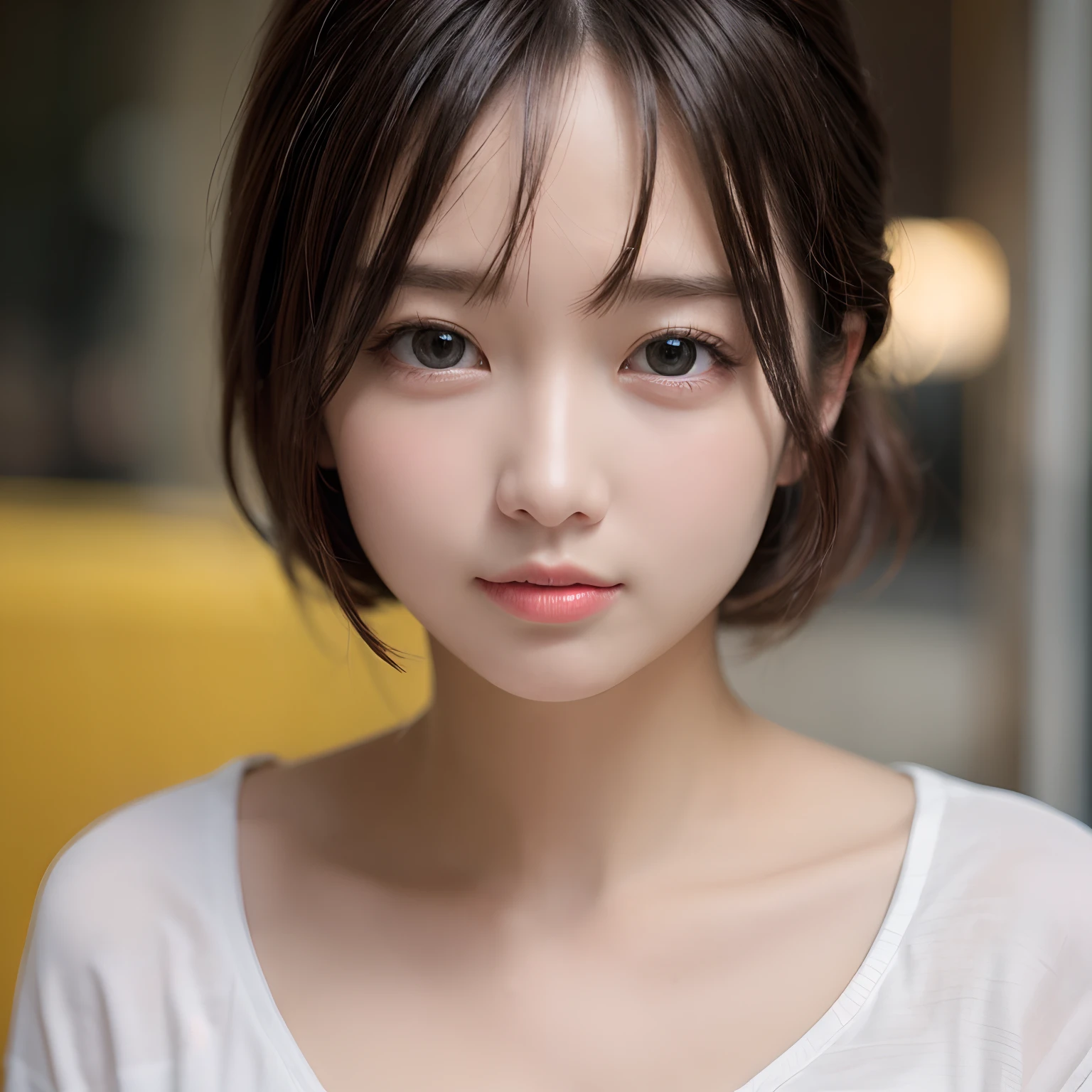masterpiece, top-quality, 8K, absurderes, (The upper part of the body:1.4), whiteshirt, beautiful a girl, Clean face, looking at the viewers, A smile, A hyper-realistic, hight resolution, Pictures, foco nítido, nffsw, face lights, Dynamic lighting, Movie Lighting, Professional Shadows, beautiful cityscape background, highestdetailed, ighly detailed, ultra-detailliert, finely detail, authentic skin, Delicate facial features, Detailed face and eyes, Sharp pupils、Realistic pupils