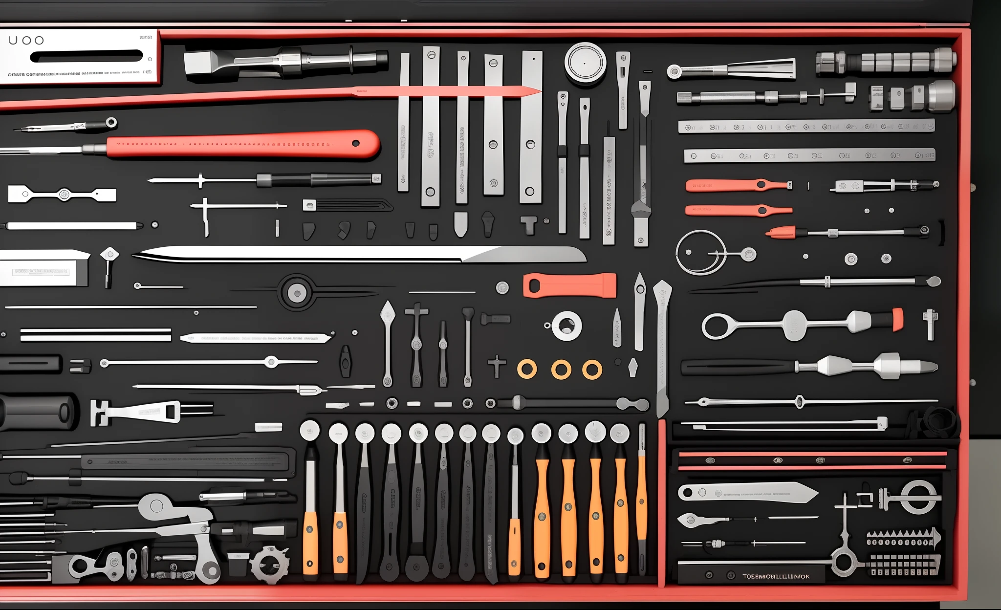 A close-up of the toolbox with many tools, Knolling, wrench, packaging lens, Master, modular, Tools, Meticulous detail, detalhe poderoso, Tensioner, tool, ultra-realistic realism, insanely details, marmoset toolbag, easy, Mechanic, Craftsmanship, High quality detail, intricate accurate details, sturdy, highly mechanical
