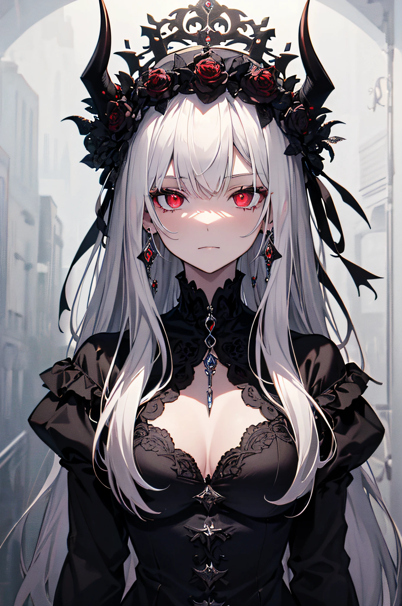(best quality,ultra-detailed,highres:1.2),ung girl,white hair,dark red eyes (darkred eyes:1.1),dark aura(aura:1.1),(mysterious,haunting:1.1) atmosphere,looks like a half demon,(demonic features,demon-like characteristics),(elaborate,ornate) earring,(dark,royal:1.1) crown