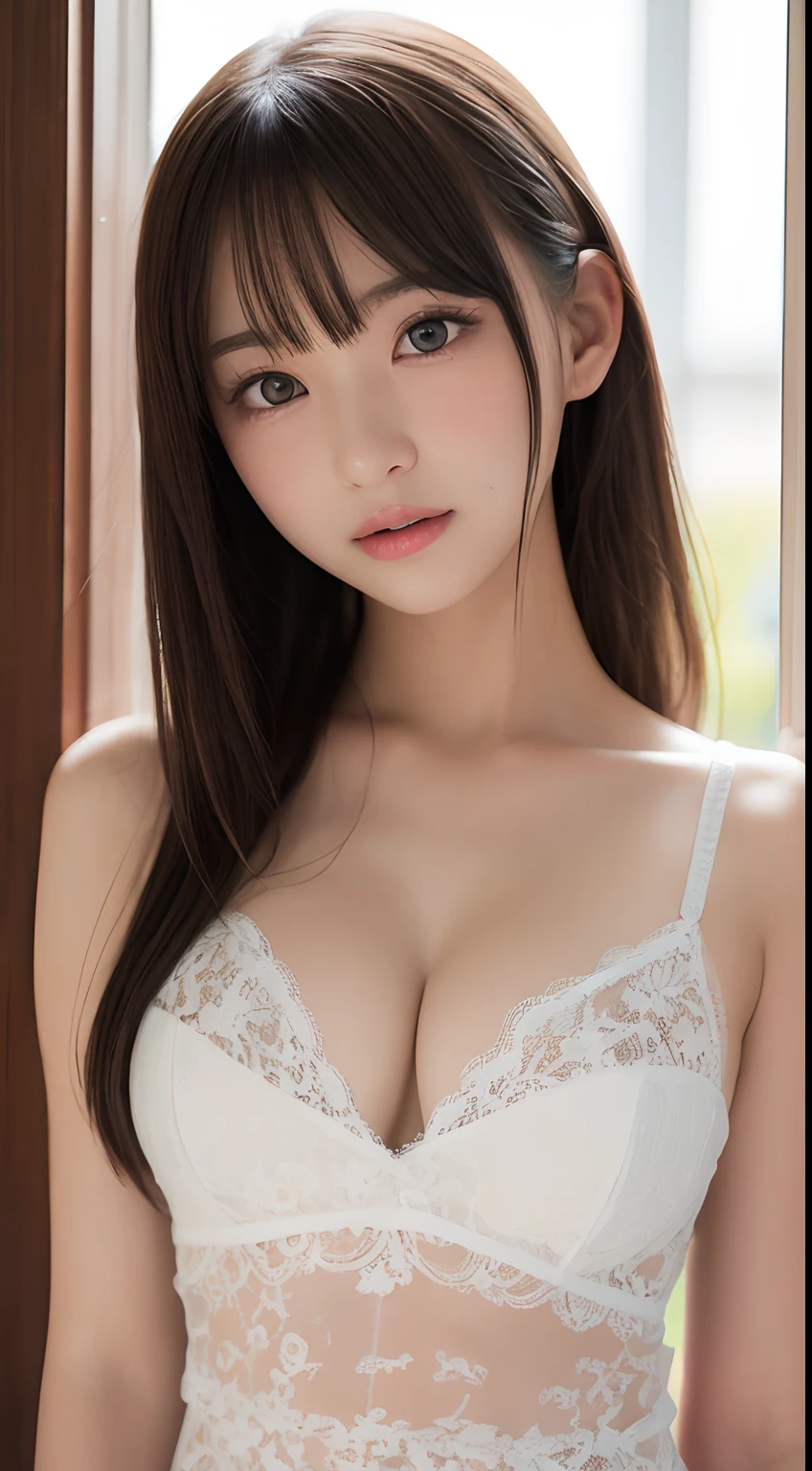 Smile、natta、Raw photography、(((Ultimate Beauty Portrait)))、((glistning skin))、女の子1人、-yeld beiful girl in Prague、bright expression、((brown haired))、(cleavage of the breast)、(Front Open See-Through Lace Night Dress:1.5)、(top and bottom set underwear)、((Big eyes that shine like jewels))、Glossy glossy skin、(Medium Hair)、(Silky Ponytail Hair)、eye liner、Beautiful bangs、Hair between the eyes、((​masterpiece、top-quality、ultra-detailliert、Film Light、intricate-detail、hight resolution、ighly detailed))、细致背景、8KUHD、Digital SLR、Soft light、hightquality、Film grain、FujifilmXT3 、Shallow depth of field、natural soft light、Kamimei、Lush bust