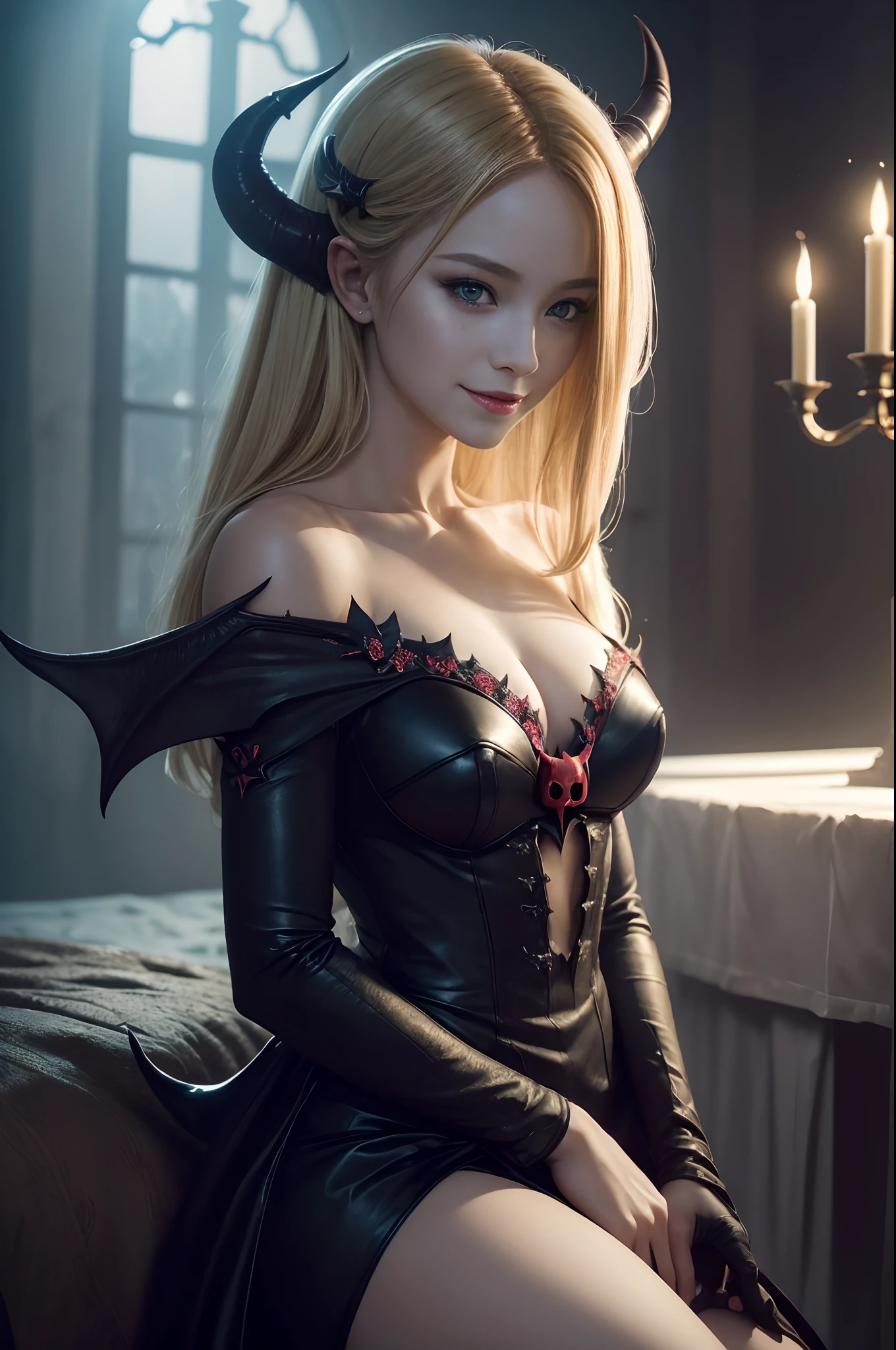 (Beautiful fece(Devil Woman:1)portraitures:1.5)Hellscape with castles and hordes of demons(((​masterpiece)))、((top-quality))、sexy dress,realisitic、8K、ultra-detailliert、realisitic、landscapes、concept-art、exceptionally detailed RAW color photo、Side angle、(lensflare:0.7)、particle effect、Ray traching、cinematlic lighting、Shallow depth of field、photographed on a Sony Alpha 1、50mm wide angle lens、foco nítido、Cinematic Film Still、 dynamicposes、、(realisitic:1.3)、a blond,Bat's wings,cold smile,Sexy Succubus,