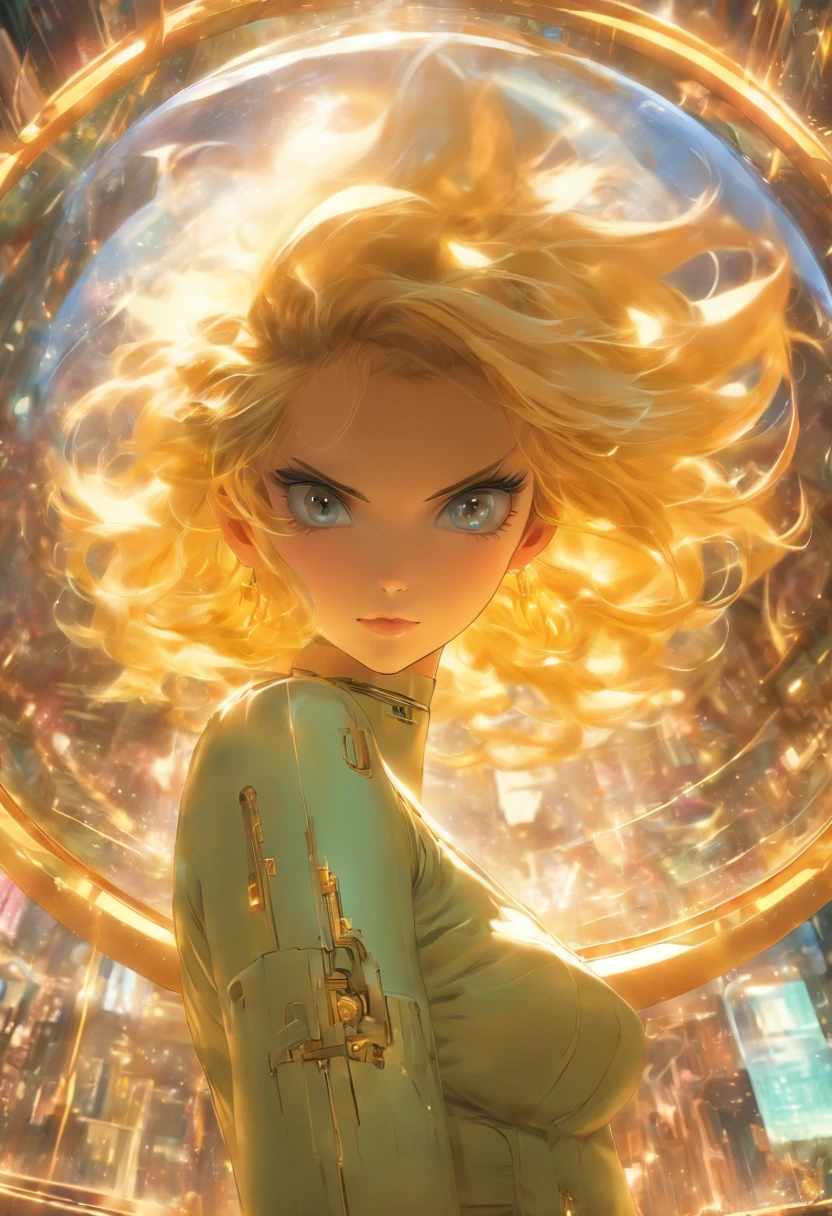 ((Best Quality)), ((masutepiece)), ((Realistic)), Blonde woman with makeup, On a chair with a glass dome overhead, analogphoto, by Stanley Kubrick, Wide Shot, Solo, Daylight, on eye level, The wind is beautiful, masutepiece :0.5 Surreal Cyberpunk Robots. A masterpiece of highly detailed digital art, Smooth Cam DE Soft Light, Grand Angle HD 8 K, Sharp Focus :0.5