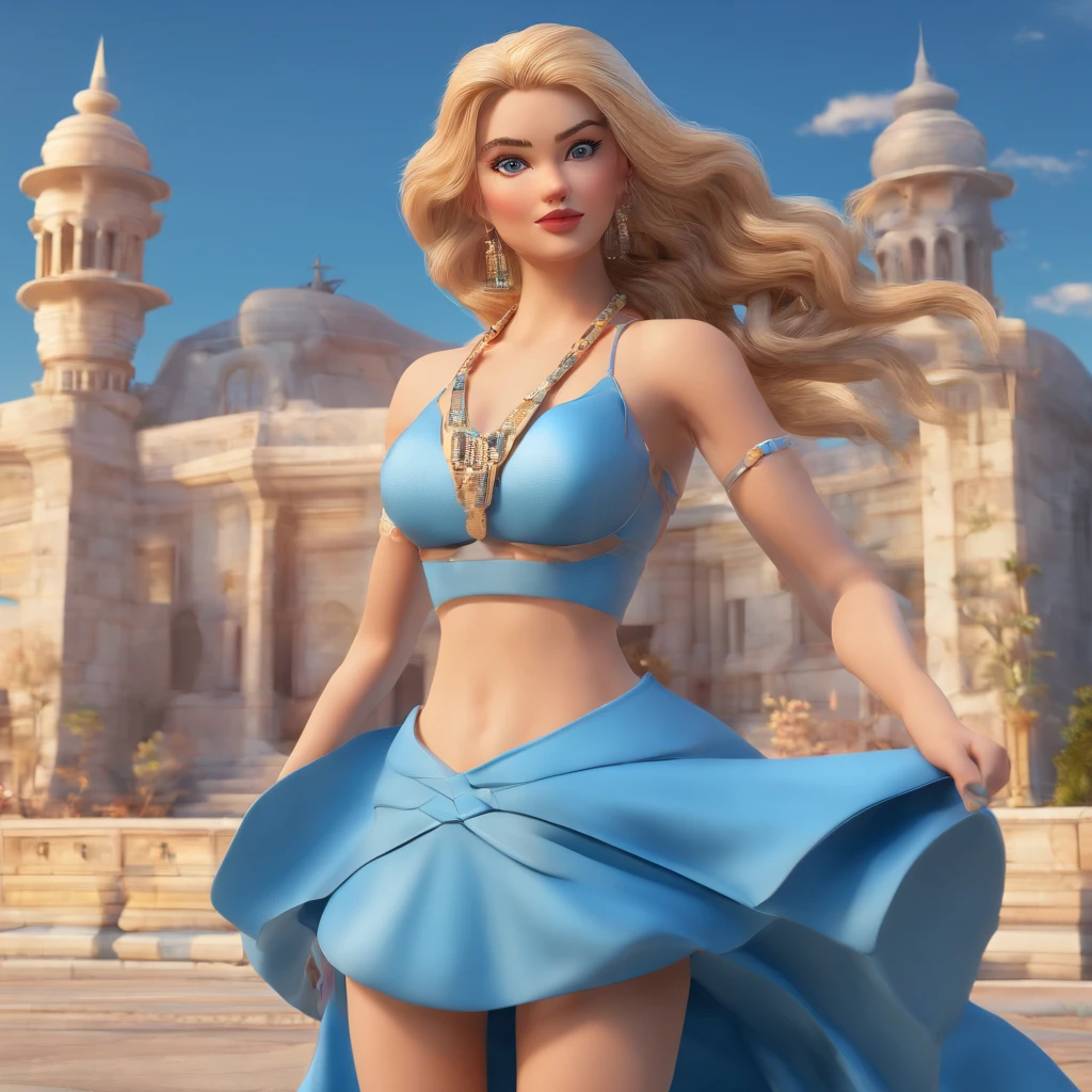 Masterpiece, Best quality, Buble, Blue dress, braided blonde hair, Pretty face, insanely detailed eyes, intense look, fightingpose, a temple background,