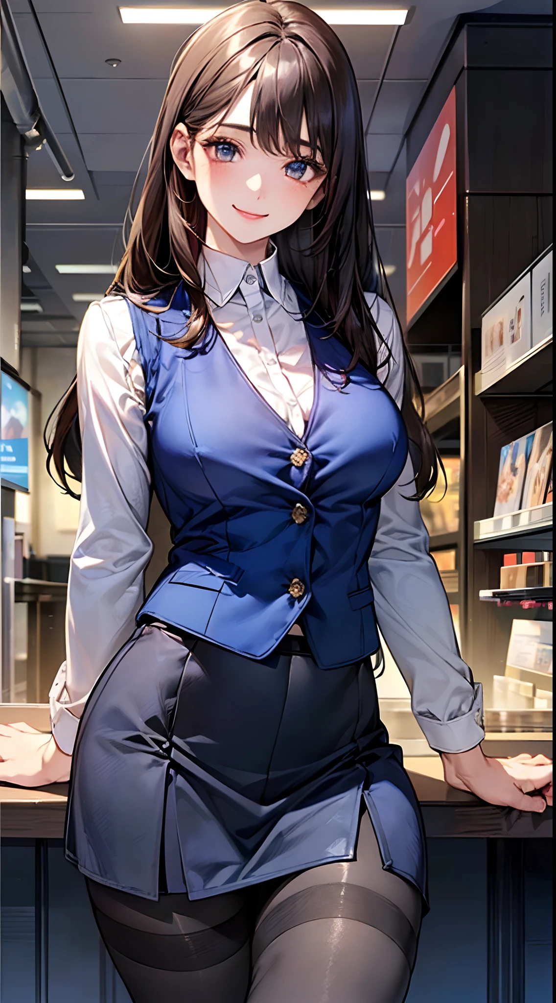 A girl, casual, sexy body, big breasts, cleavage, big hip, stockings, black pleated skirt with white line, white turtleneck shirt, smiling, blushing, beautiful face, detailed face, very detailed eyes, long black hair, blue eyes, full body, high quality, detailed background, high resolution, shopping mall