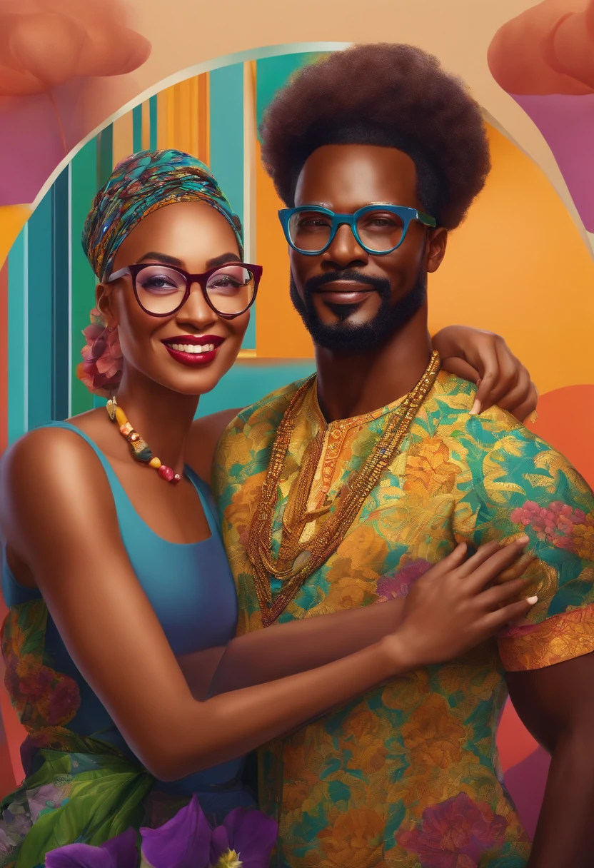 Color photograph of a man with sunglasses and a woman with a hairstyle, just a joke, in digital illustration style, vibrant digital painting, afro-psicodelia, color digital painting, details and vivid colors, colorful illustration, in the style of digital painting, stunning digital illustration, stylized digital illustration, digital art illustration, beeple e james jean