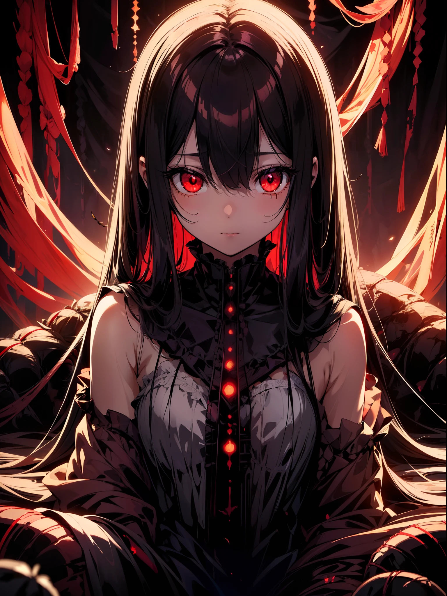 1 loli girl , (lying surrounded by many bugs), (Faintly emerge from the darkness) ,upper body , ((rape face)) , black long straight hair, hair ribbon , red eyes, glowing eyes, ((horror)) ,((masterpiece)), ((best quality)), ((ultra-detailed)), (illustration), ((an extremely delicate and beautiful))