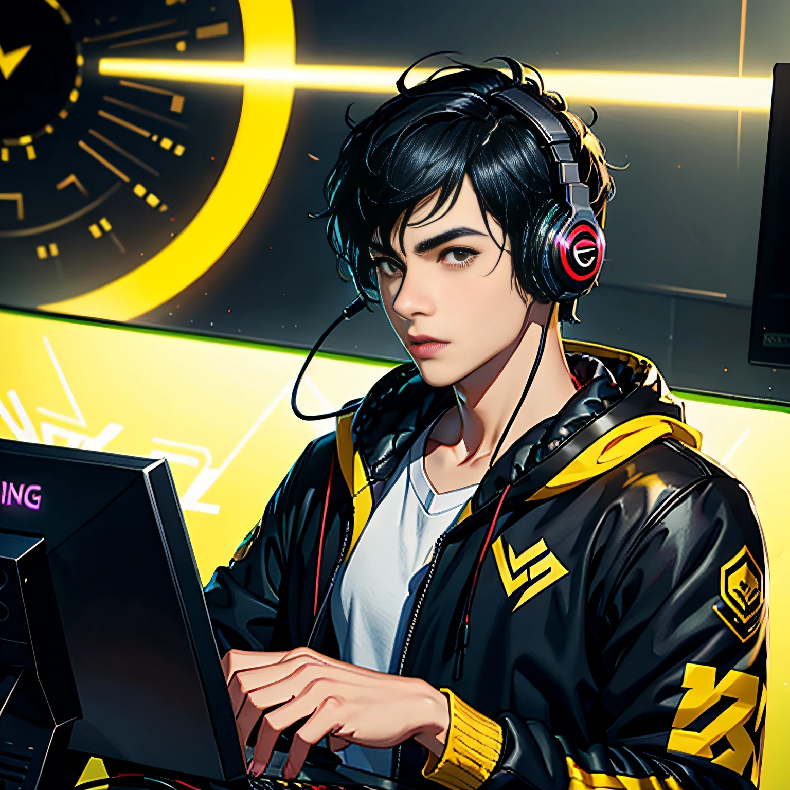 A handsome young man with black hair,Dressed in yellow,In the field of esports,Bring headphones,Play League of Legends
